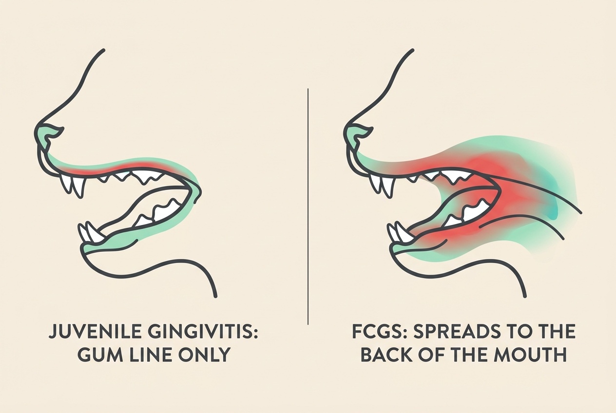 A flat diagram of two cat mouths side by side, one labelled "JUVENILE GINGIVITIS: GUM LINE ONLY" and one labelled "FCGS: SPREADS TO THE BACK OF THE MOUTH"