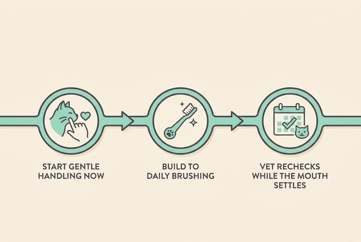 A simple flat timeline for a young cat reading "START GENTLE HANDLING NOW" then "BUILD TO DAILY BRUSHING" then "VET RECHECKS WHILE THE MOUTH SETTLES"