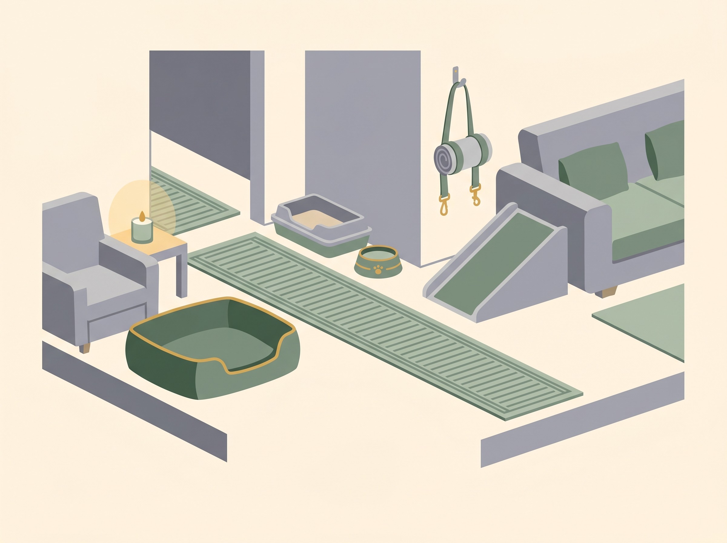 A comfort-and-mobility home setup for a frail pet: a deep soft bed in a warm spot near the family, a non-slip runner leading to a low-sided litter tray and water bowl, a gentle ramp to a favourite sofa, and a support sling hanging ready.