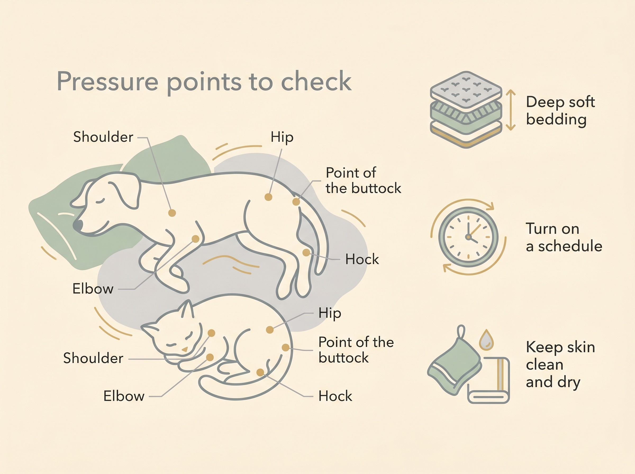 Flat line icons on cream showing the bony pressure points on a resting dog and cat (shoulder, elbow, hip, point of the buttock, hock) and the three prevention levers beside them: deep soft bedding, turning on a schedule, and keeping the skin clean and dry.