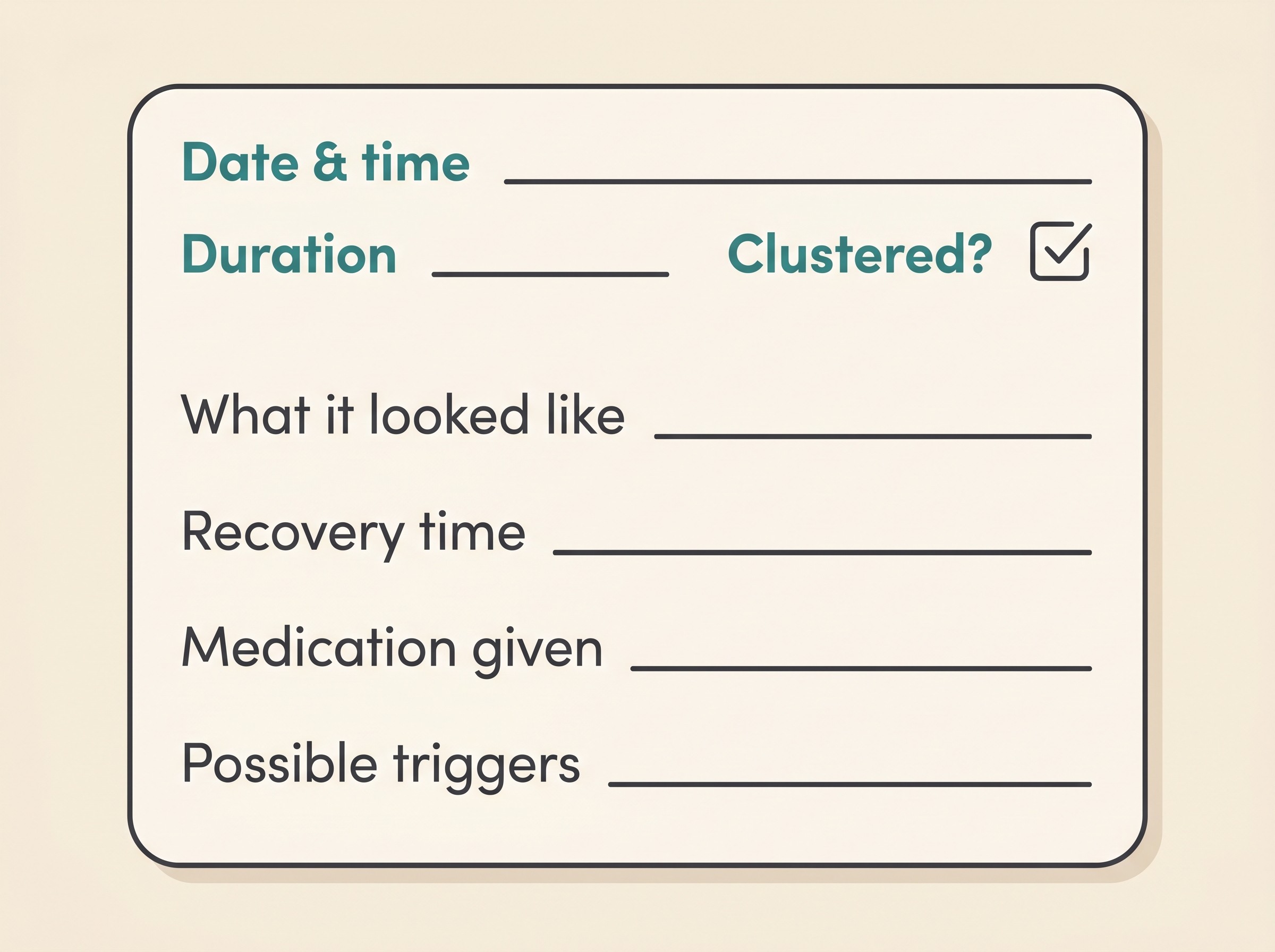A sample filled-in seizure diary entry card on a cream background, showing labelled fields for date and time, duration, what it looked like, whether it clustered, recovery time, medication given, and possible triggers