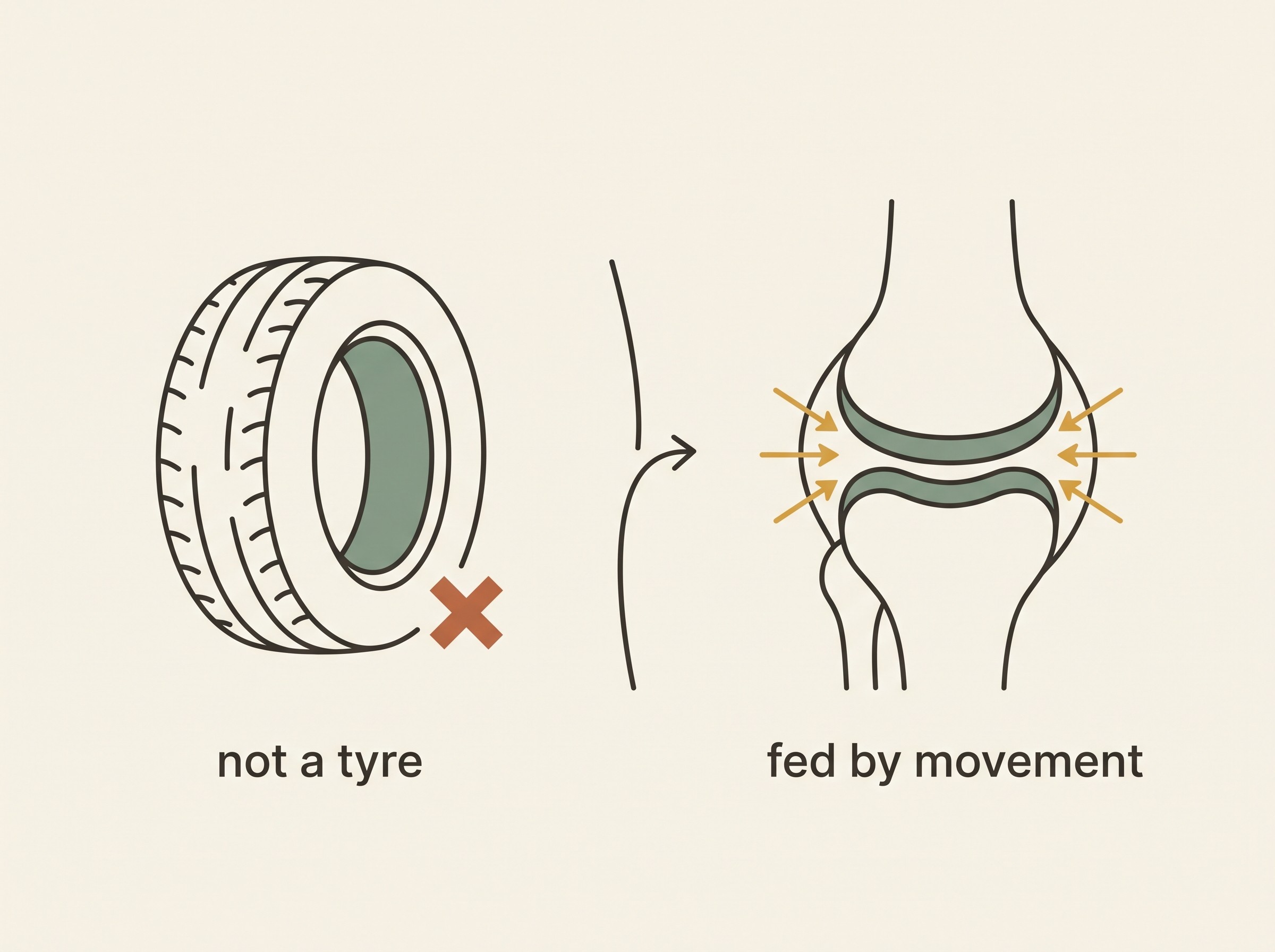 A simple explainer contrasting a worn car tyre with a cross-section of a healthy joint, captioned to show that joint cartilage is fed by gentle movement rather than worn away by it, with arrows showing nutrients pumped in during motion.