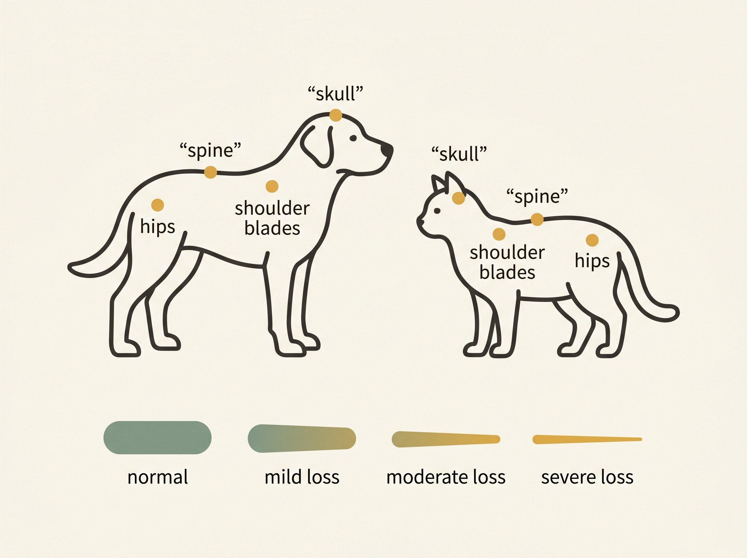 A flat-vector muscle condition picker showing a dog and a cat with four labelled assessment sites, "spine", "shoulder blades", "skull" and "hips", and a four-step scale running "normal", "mild loss", "moderate loss", "severe loss".