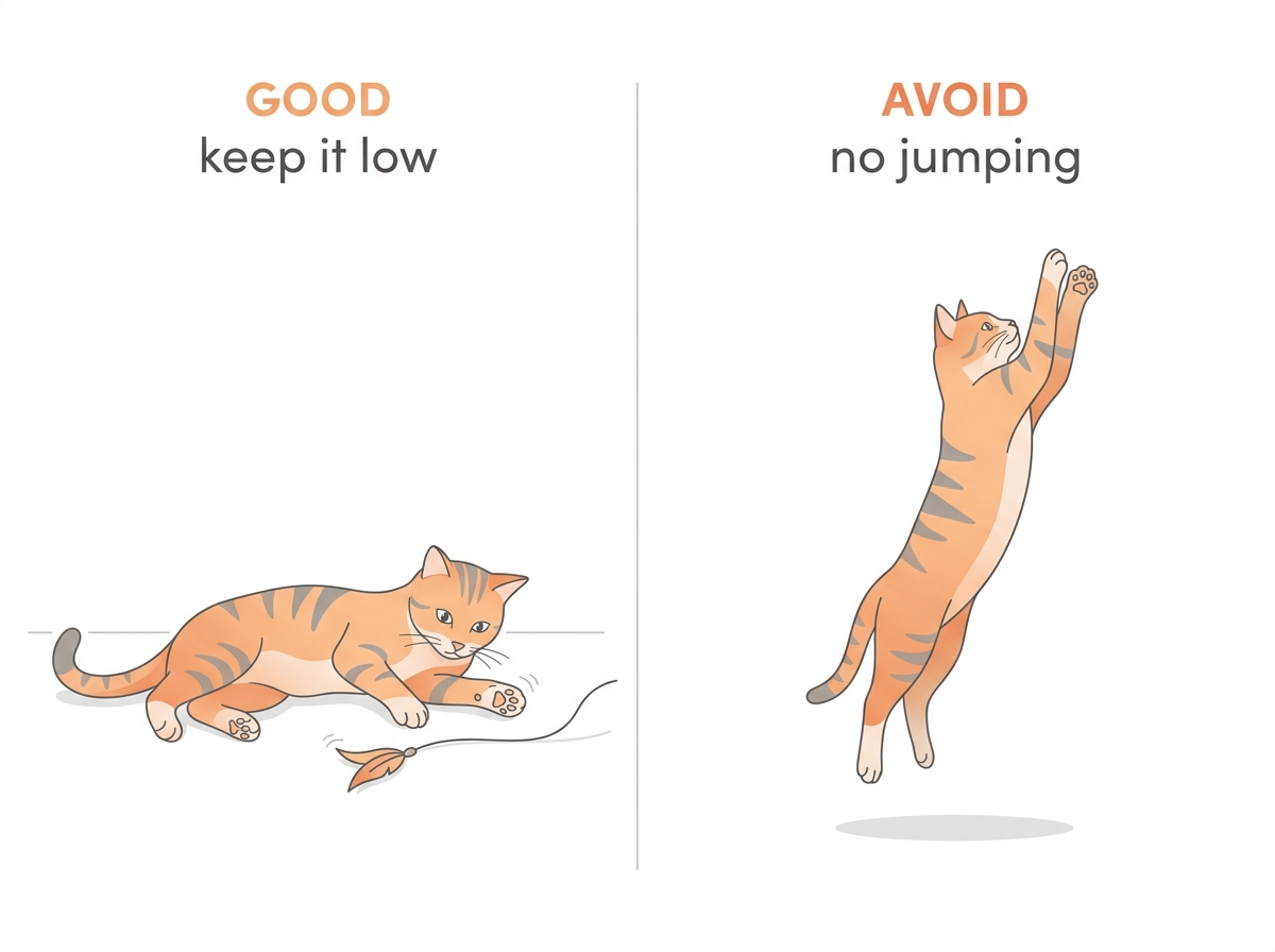 Low horizontal floor play favoured over high leaping games for a stiff cat