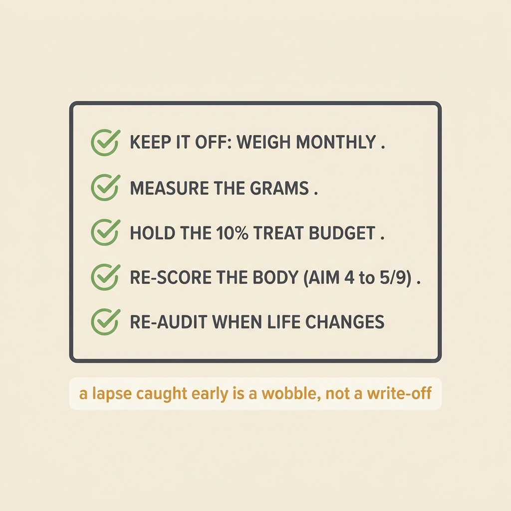 A tidy checklist card reading “KEEP IT OFF: WEIGH MONTHLY · MEASURE THE GRAMS · HOLD THE 10% TREAT BUDGET · RE-SCORE THE BODY (AIM 4 to 5 out of 9) · RE-AUDIT WHEN LIFE CHANGES”, with leaf-green ticks and a small honey-amber aside reading “a lapse caught early is a wobble, not a write-off”.