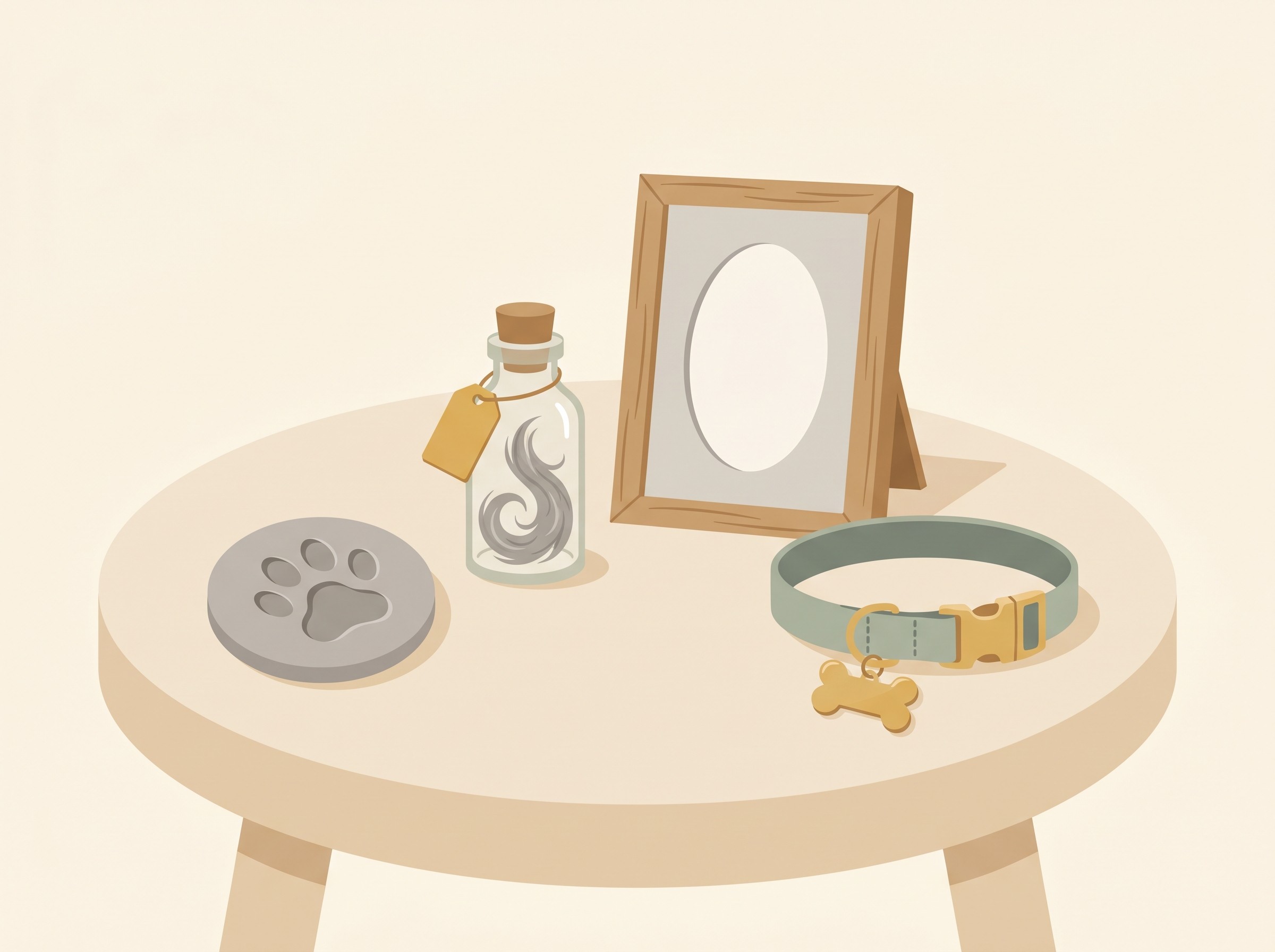 A soft still-life on a cream background of in-the-moment keepsakes arranged on a table: a clay paw print, a small glass bottle holding a lock of fur, a framed photograph and a collar with a name tag, drawn as warm flat icons with no faces and nothing clinical