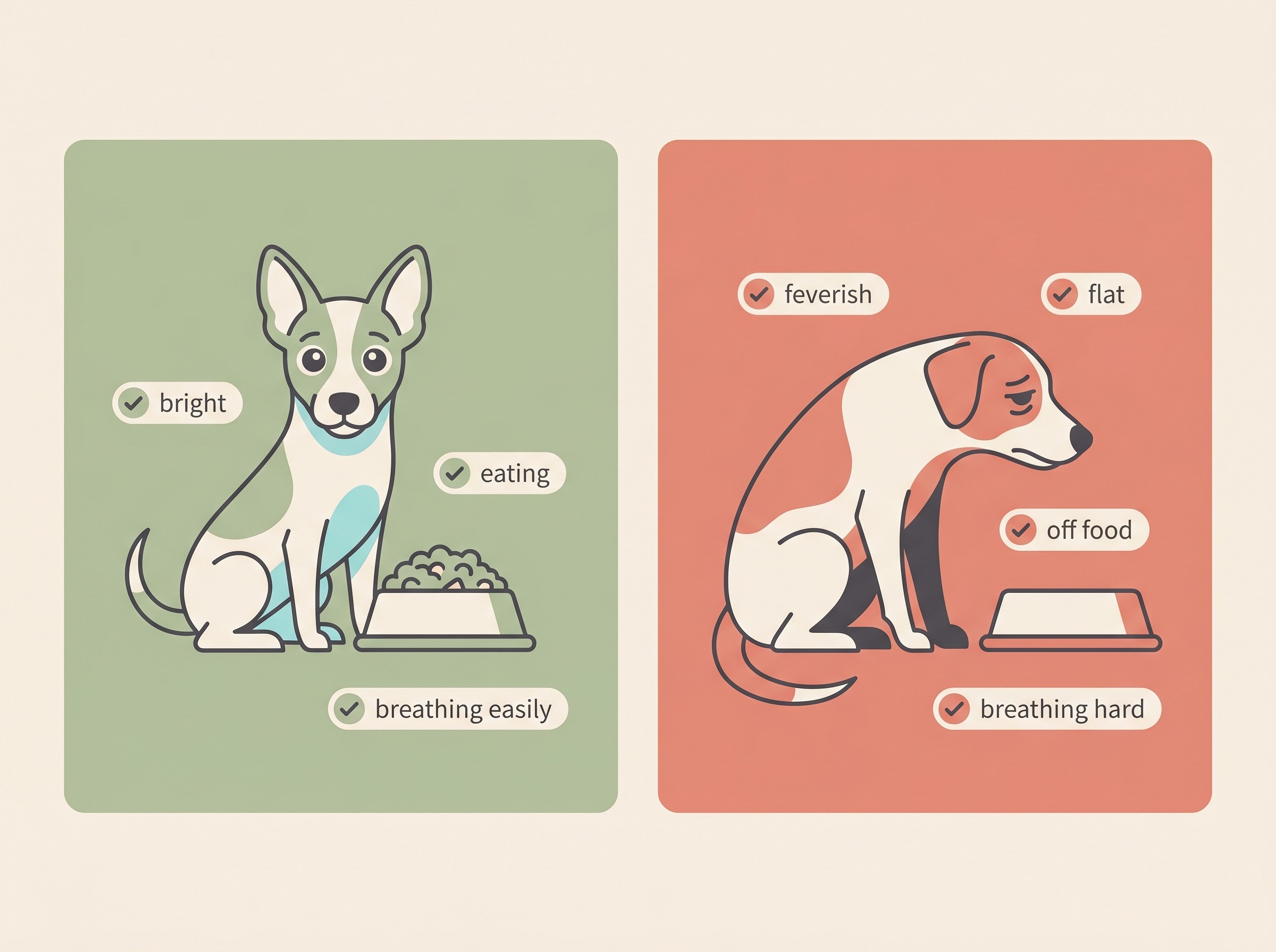 A two-panel green flags versus red flags comparison on a cream background: on the left a bright, upright dog labelled bright, eating, breathing easily; on the right a hunched dog labelled feverish, flat, off food, breathing hard, in a warm flat-vector style