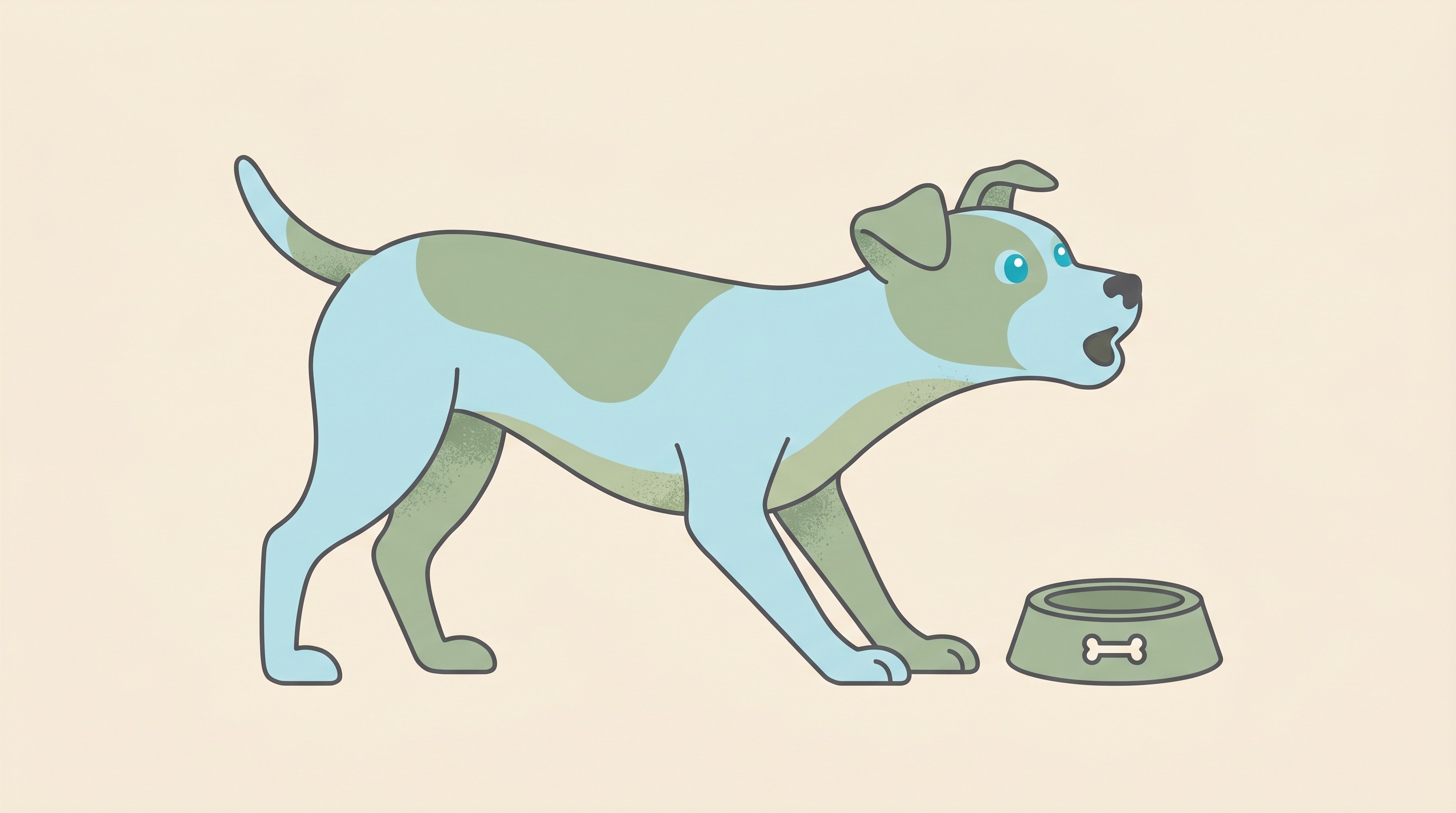 A bright, alert dog mid honking cough on a cream background, neck extended, clearly coughing rather than collapsed, in a warm flat-vector style
