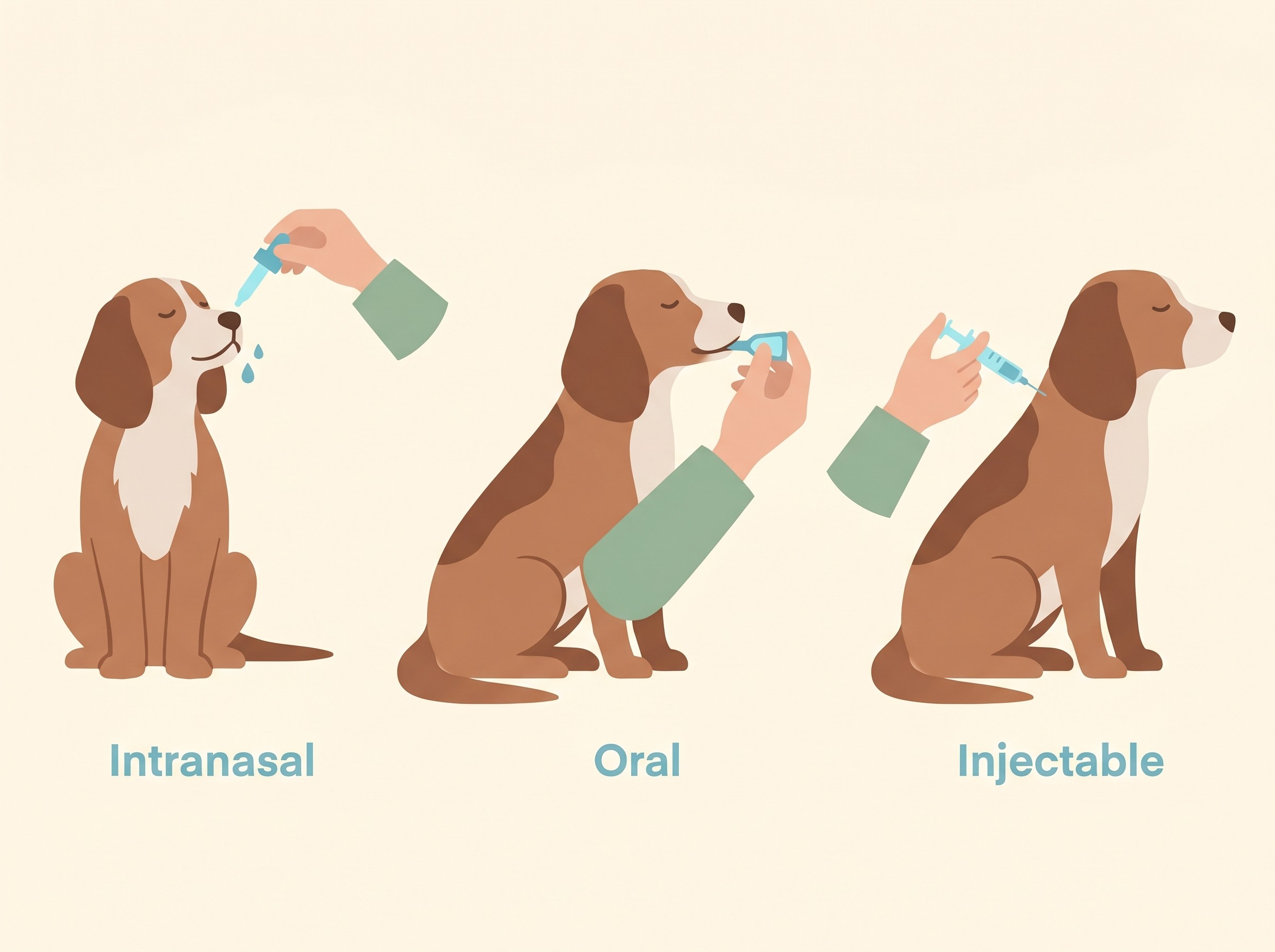 A simple three-panel illustration of the kennel cough vaccine routes, drops up the nose, a squirt in the mouth, and an injection under the skin, in a flat-vector style on a cream background