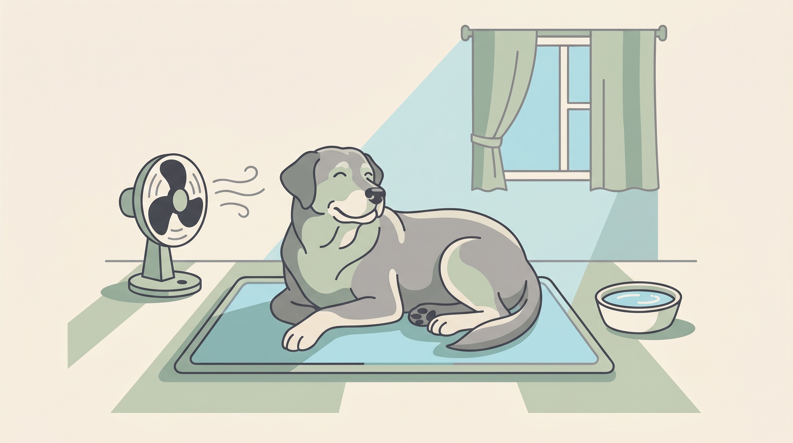 A large older dog resting calmly in a shaded spot beside a fan and a bowl of water, in a warm flat-vector style on a cream background