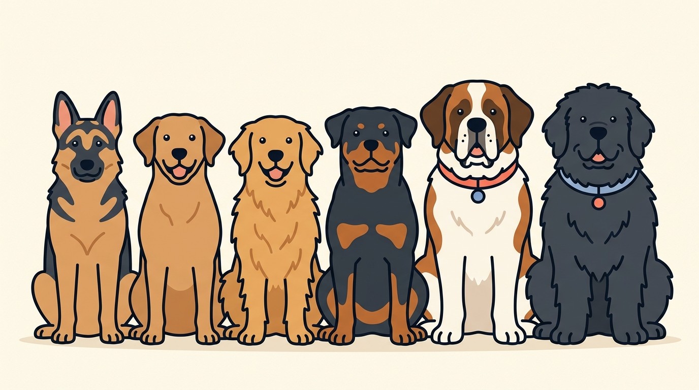 A friendly line-up of common large and giant breeds most associated with hip dysplasia, including a German Shepherd, Labrador, Golden Retriever, Rottweiler, Saint Bernard and Newfoundland