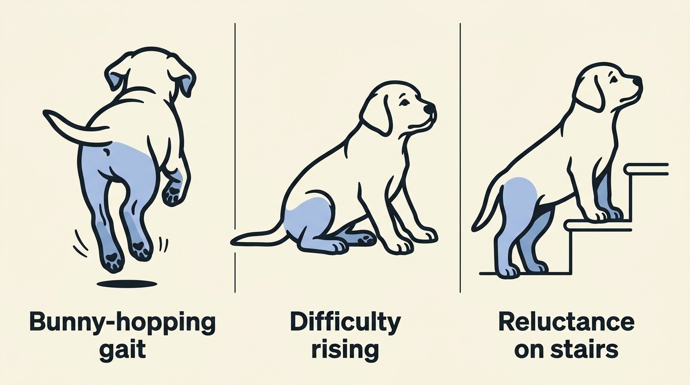 A gentle labelled illustration of a young large-breed dog showing early signs of hip trouble: a bunny-hopping gait, difficulty rising from lying down, and reluctance at the bottom of a staircase