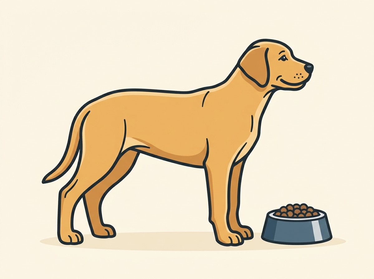 A lean, well-conditioned large-breed puppy standing beside a measured bowl of large-breed puppy food, with a faint outline showing a visible waist