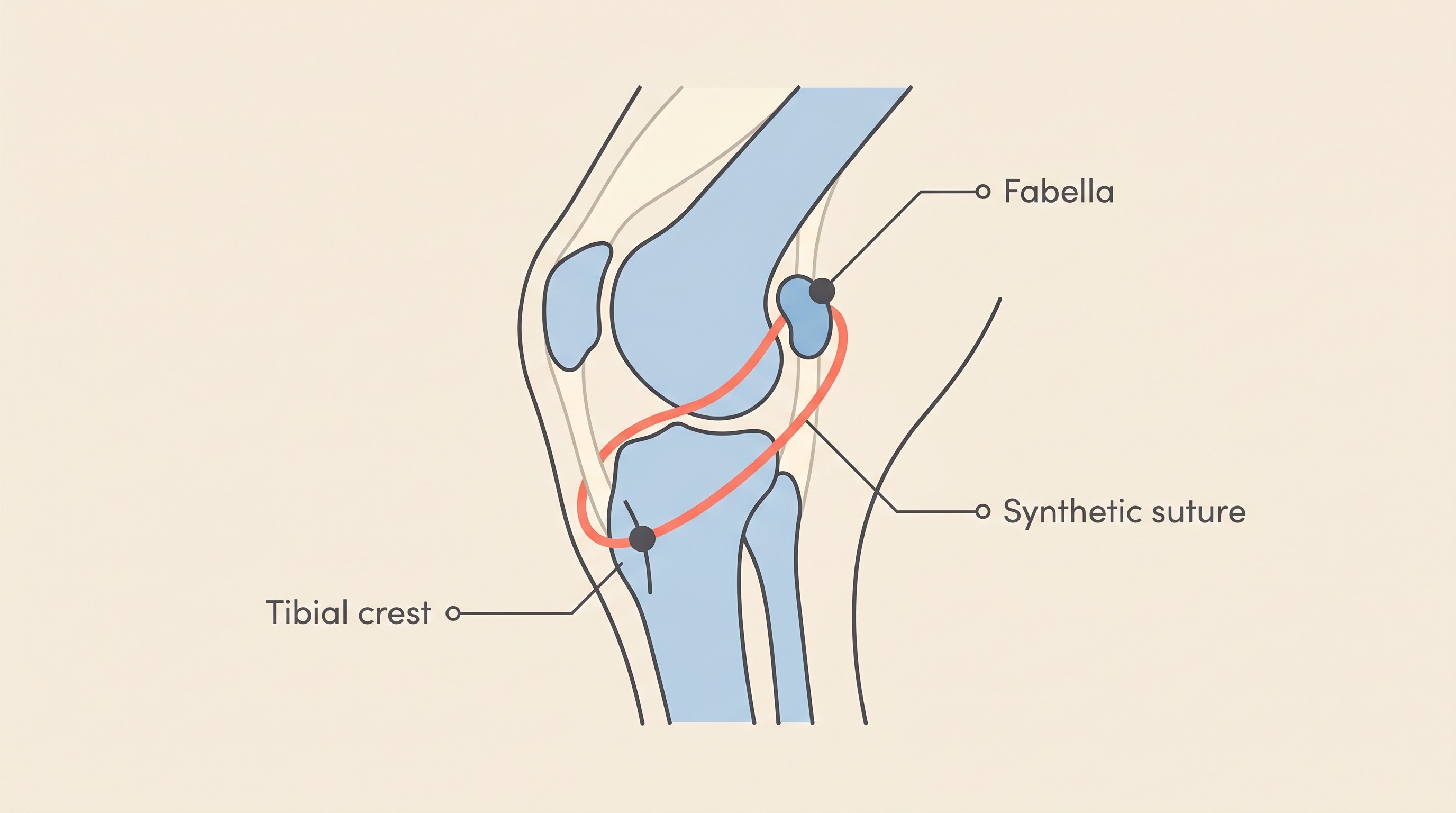 Schematic of a dog's stifle showing a lateral extracapsular suture anchored around the fabella and tibial crest, sitting outside the joint
