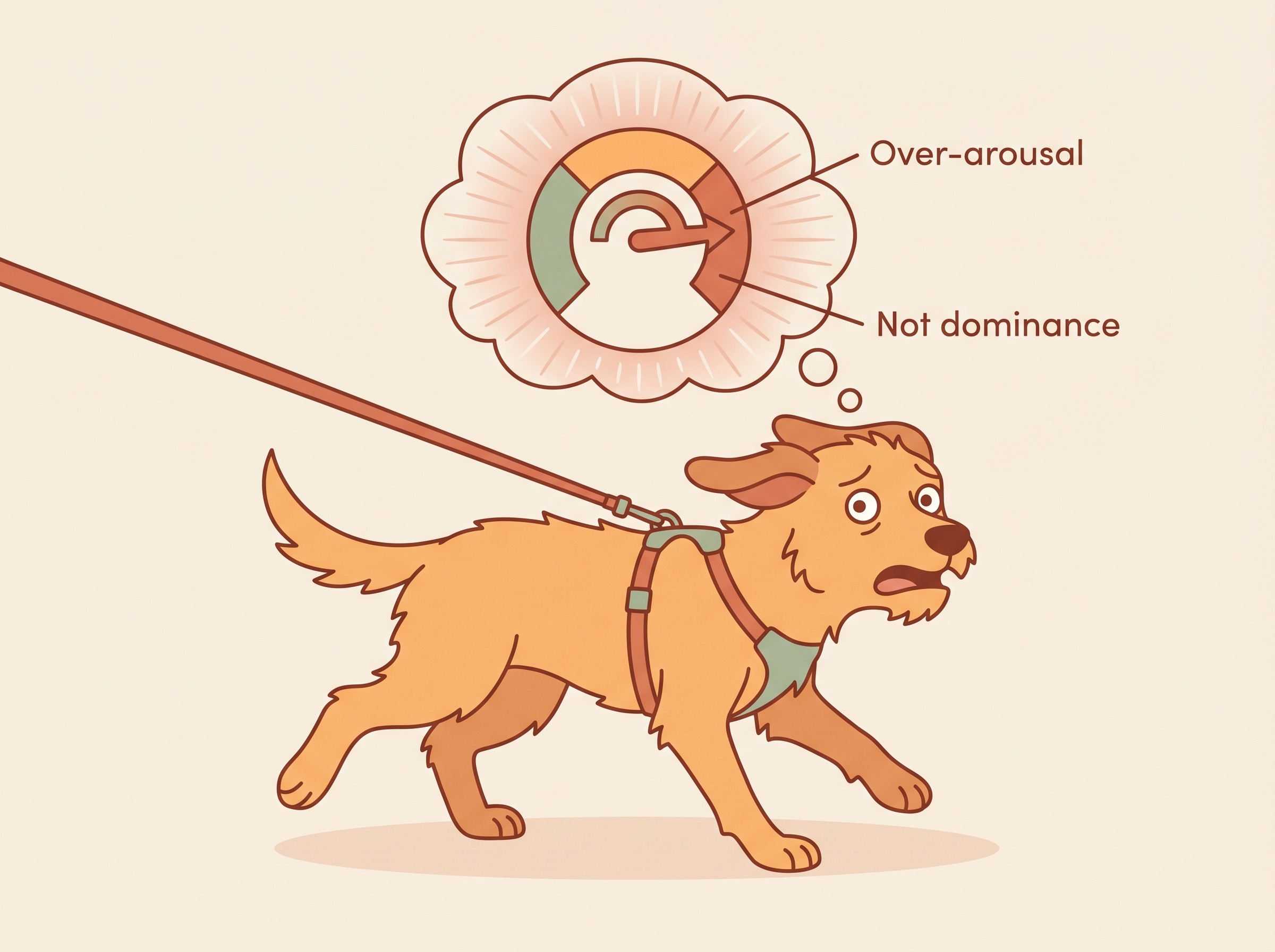 A flat illustration of a dog lunging on a tight lead with a thought-bubble showing it is over threshold, not dominant