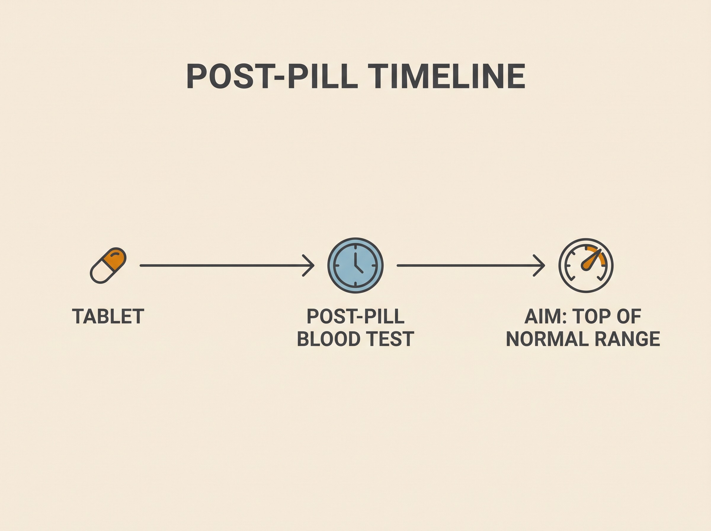 A left-to-right timeline showing a tablet, then a clock a few hours later for the post-pill blood test, then a target dial aiming for the top of the normal range
