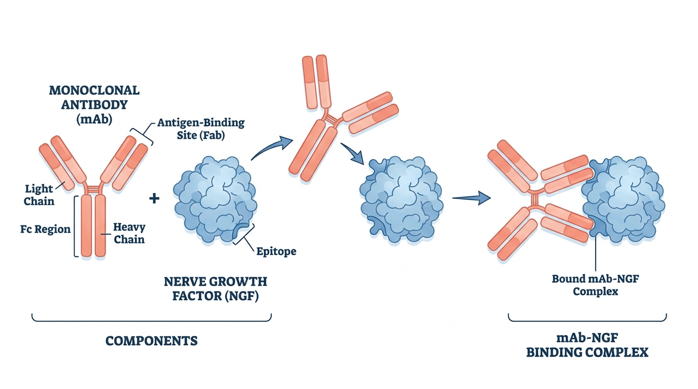 A clean educational diagram of a Y-shaped monoclonal antibody binding to a target protein molecule labelled NGF, soft blue and coral palette on white