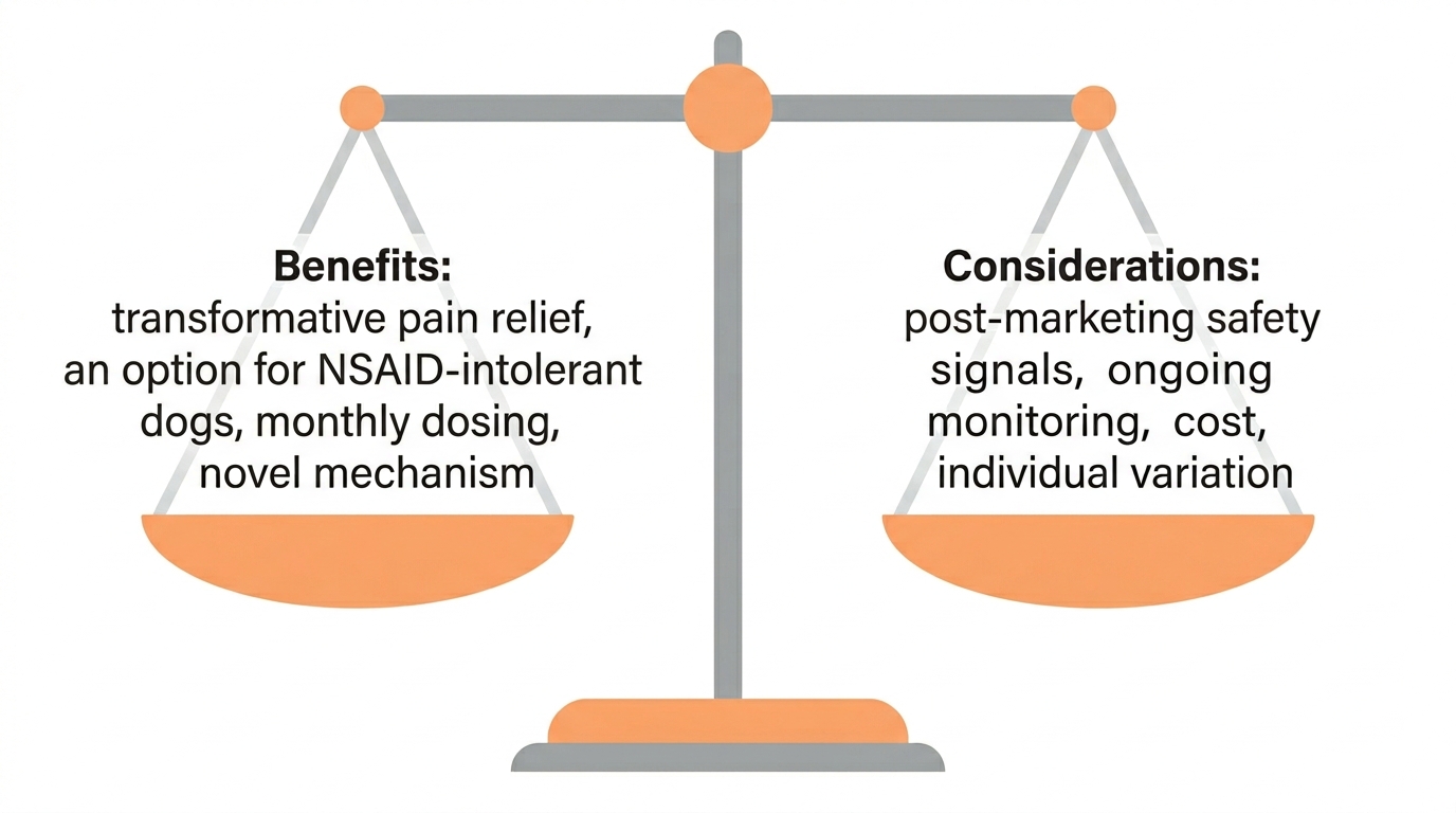 A balanced set of scales weighing Librela's benefits against its considerations, shown level, soft orange and grey flat infographic on white