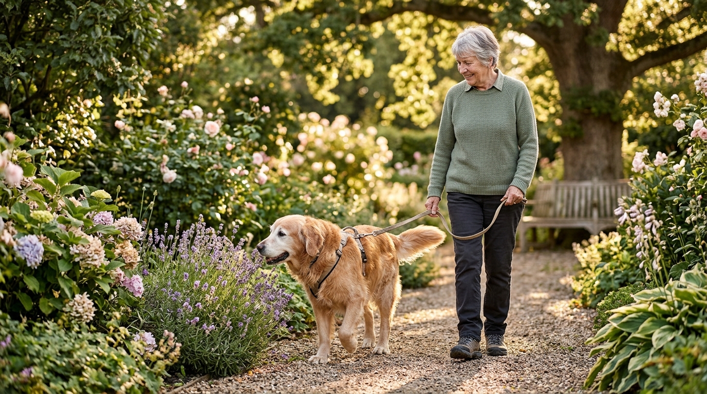 A senior dog walking confidently and happily through a garden with their owner in late afternoon light, moving easily