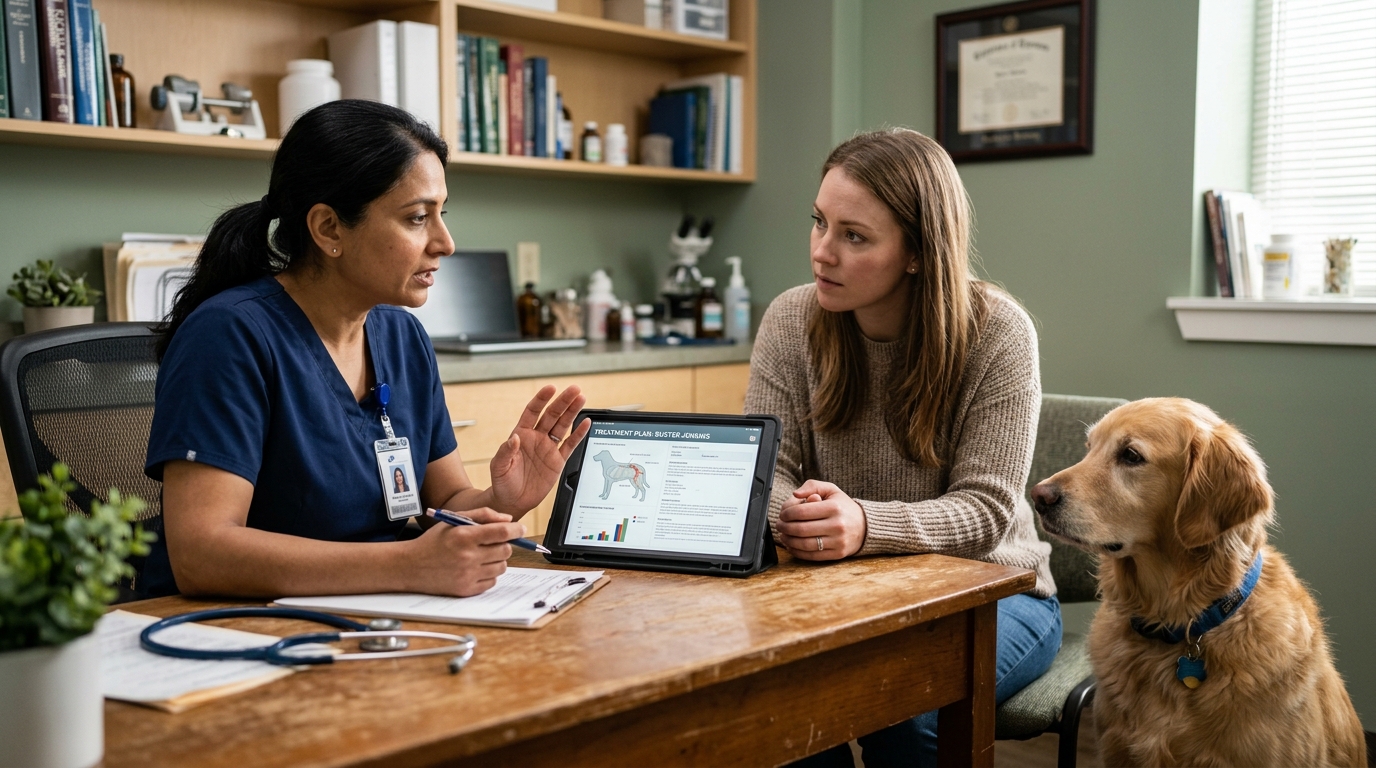 A vet and a dog owner in focused discussion at a desk, a tablet of information between them, the family dog calm beside them, soft consulting room light