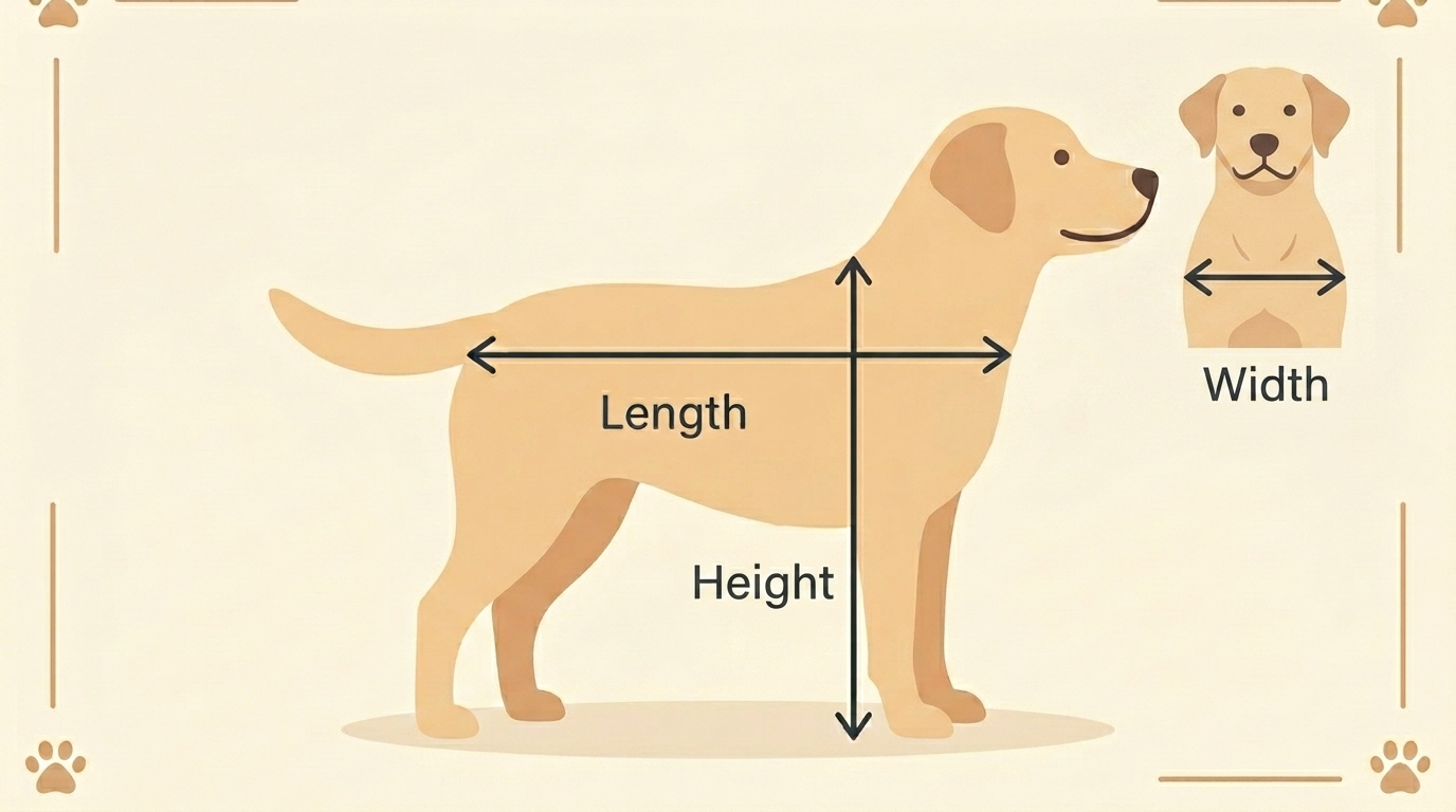 A guide to measuring a dog for a wheelchair, showing length, height and width