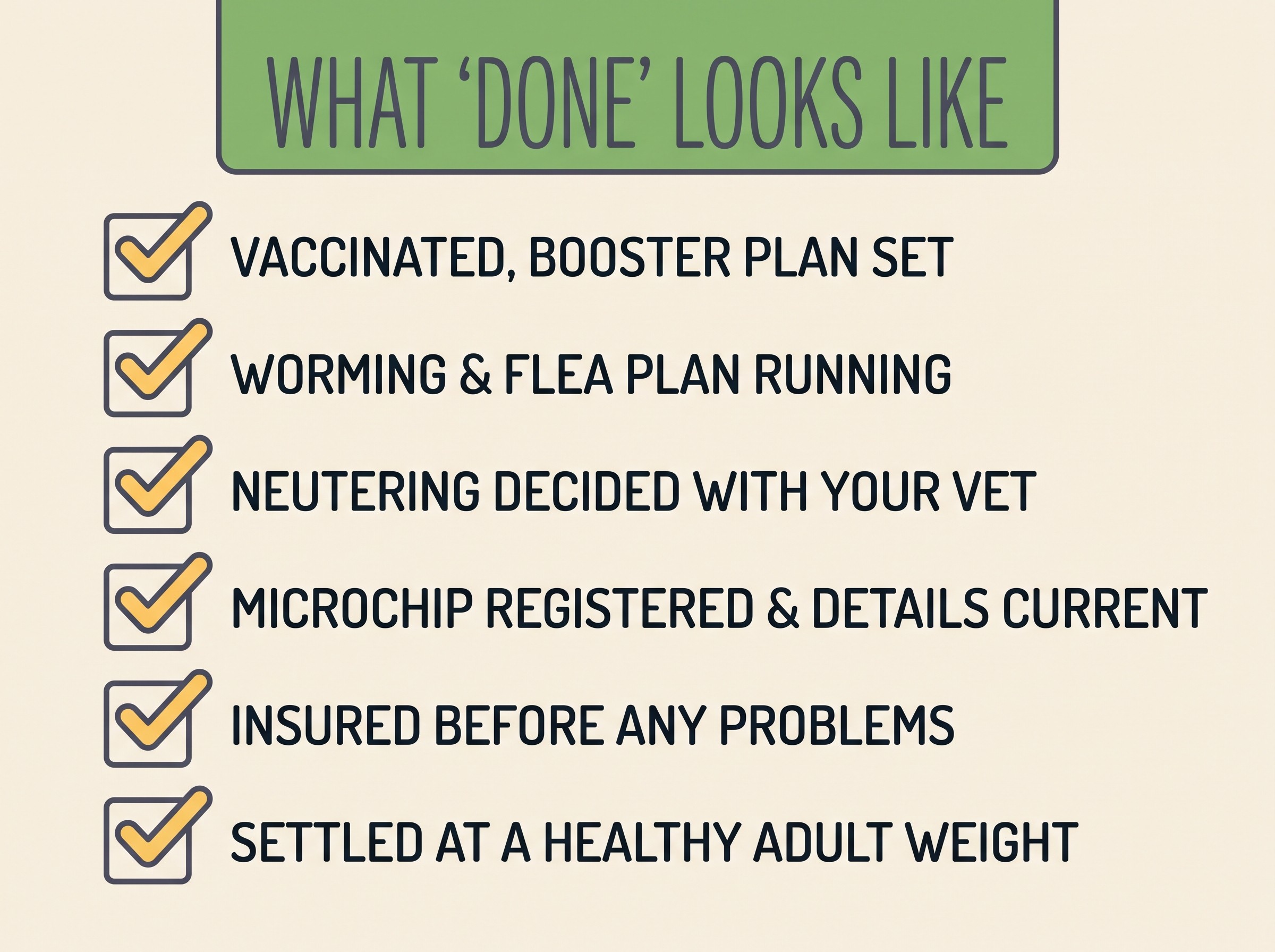 Flat vector card on oat-cream background with a spring-green header reading "WHAT 'DONE' LOOKS LIKE" over six warm-slate checklist rows with butter-yellow ticks: "VACCINATED, BOOSTER PLAN SET", "WORMING & FLEA PLAN RUNNING", "NEUTERING DECIDED WITH YOUR VET", "MICROCHIP REGISTERED & DETAILS CURRENT", "INSURED BEFORE ANY PROBLEMS", "SETTLED AT A HEALTHY ADULT WEIGHT"