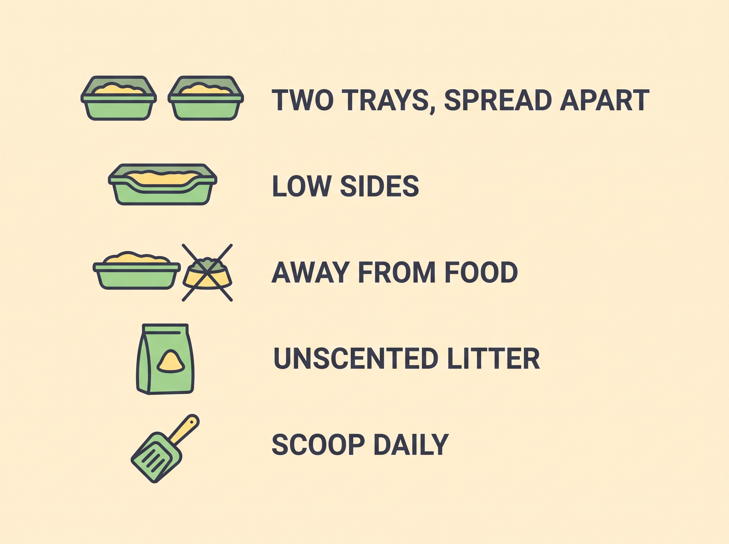 A simple flat illustration checklist of a good litter setup: two clean trays apart from each other, low sides, away from food, unscented litter, scooped daily.