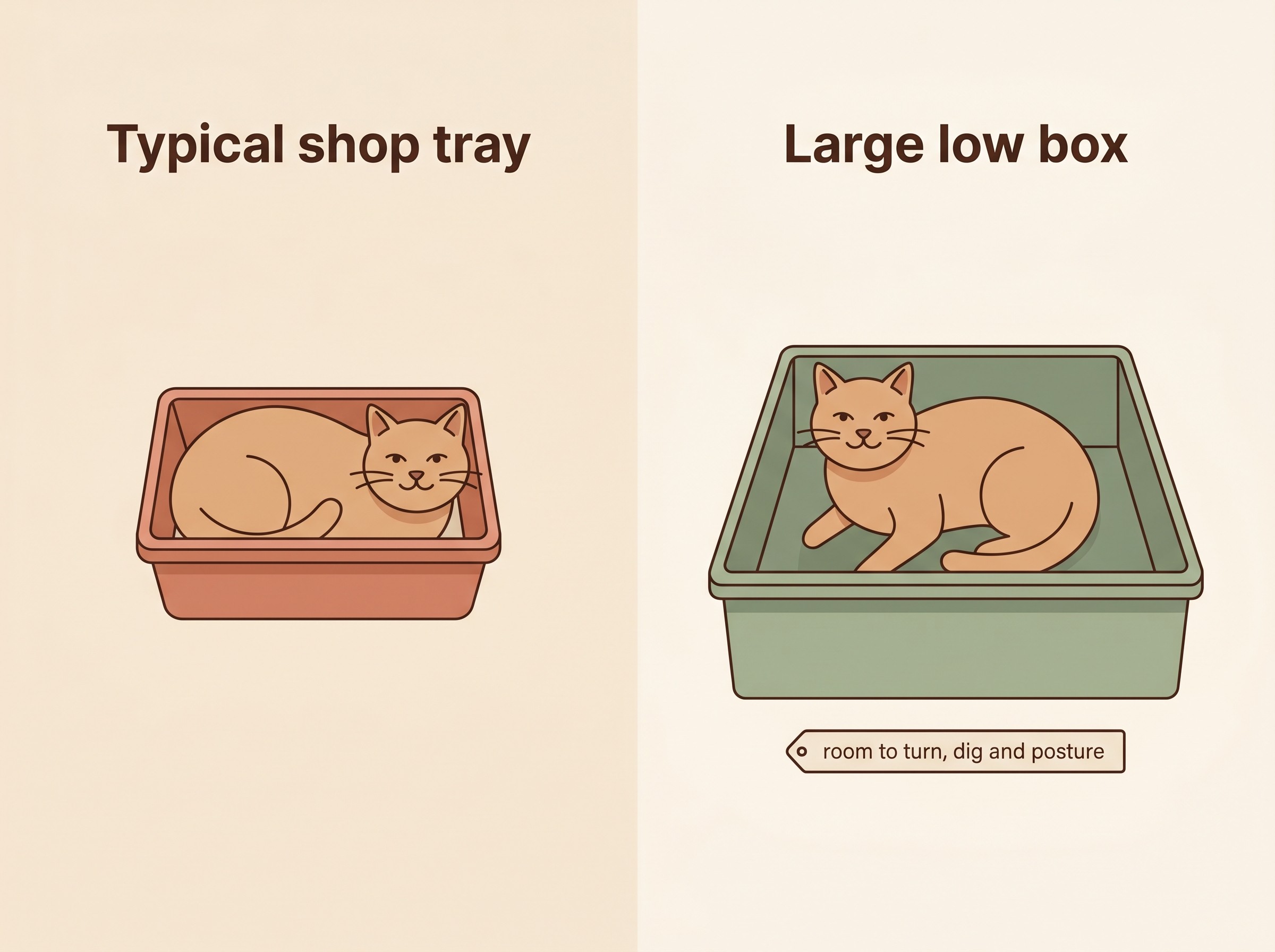 A side-by-side comparison of a small commercial cat litter tray and a much larger low storage box being used as a tray