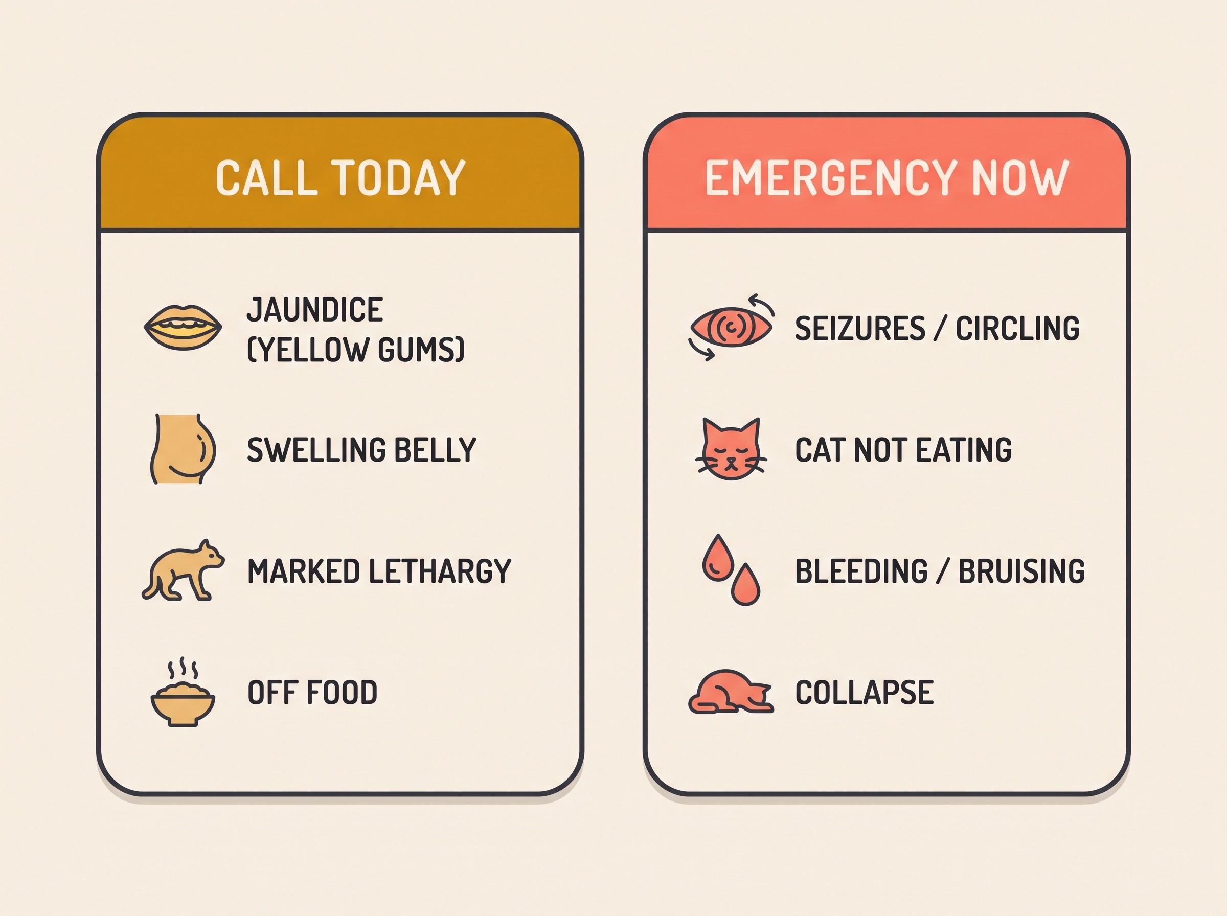 A gentle two-panel card on cream. Left panel headed "CALL TODAY" listing jaundice, swelling belly, marked lethargy, off food (dog). Right panel headed "EMERGENCY NOW" with a single coral marker, listing seizures or circling, a cat not eating, bleeding or bruising, collapse