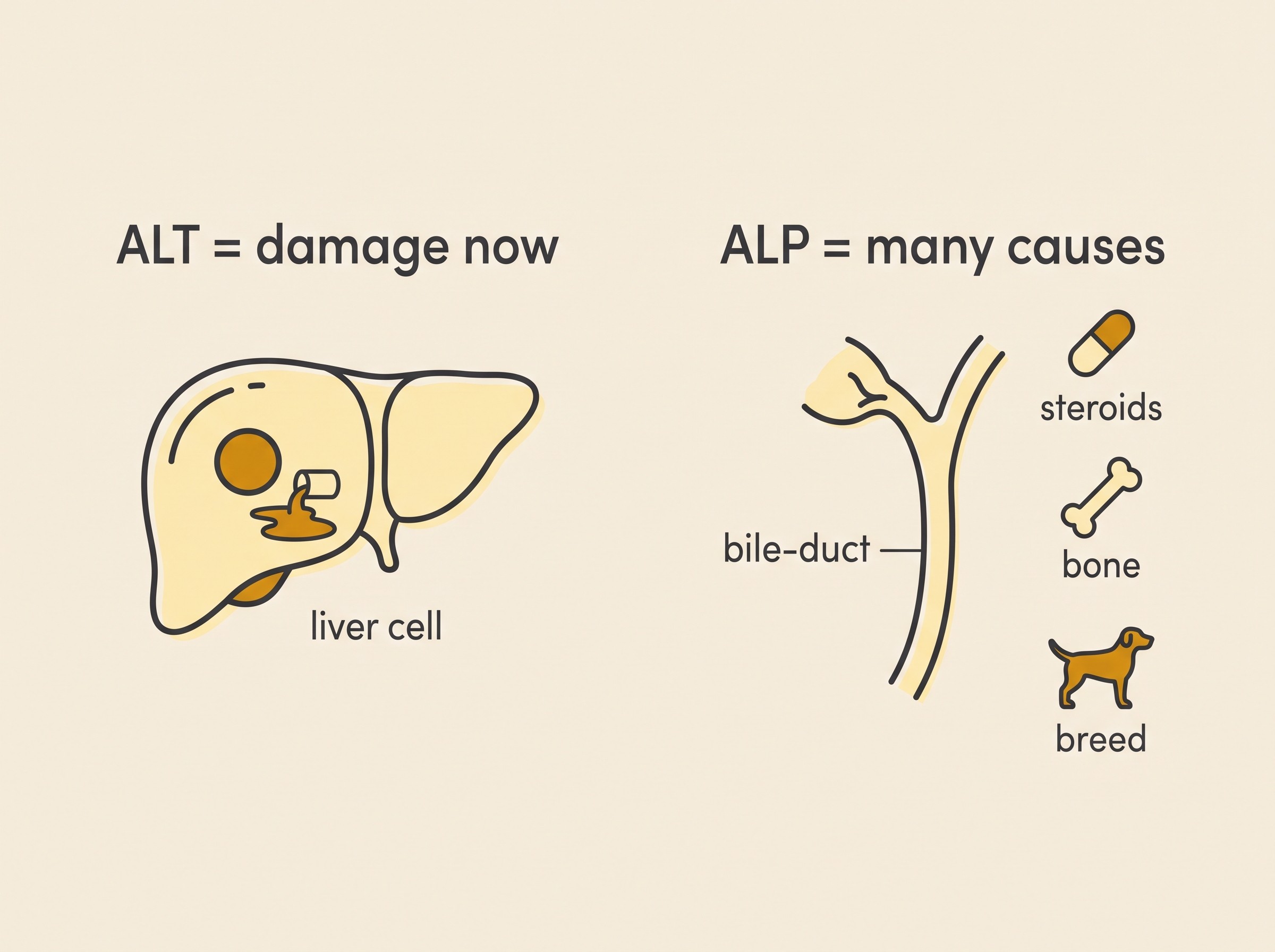A two-panel teaching diagram contrasting ALT and ALP on cream, soft charcoal labels, amber accent, ALT panel showing a liver cell leaking, ALP panel showing bile ducts plus icons for steroids bone and breed