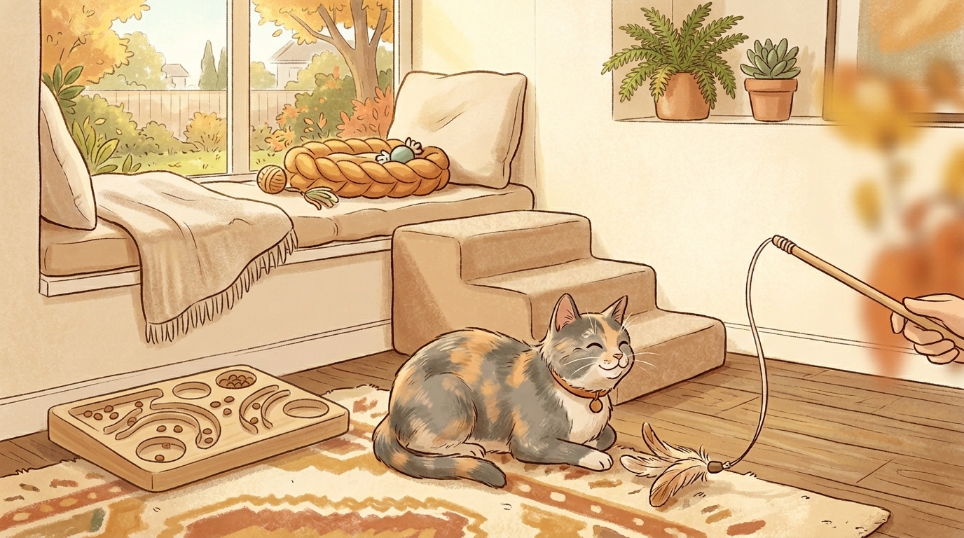 An older cat enjoying gentle, adapted enrichment at floor level