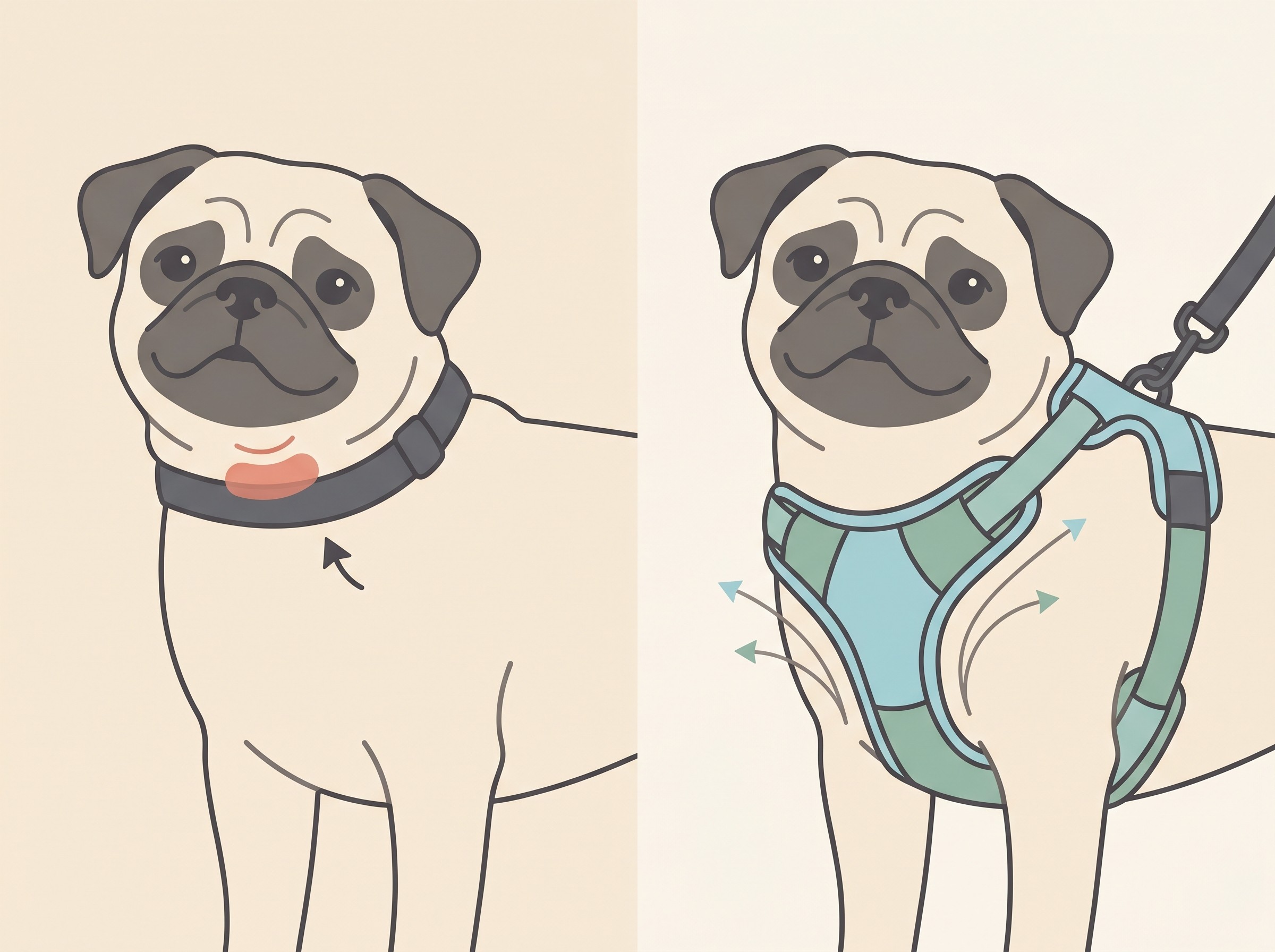 A simple side-by-side flat-vector comparison on a cream background: on the left a flat-faced dog wearing a neck collar with a small red pressure mark at the throat, on the right the same dog in a Y-front chest harness with the throat clear and the load spread across the chest