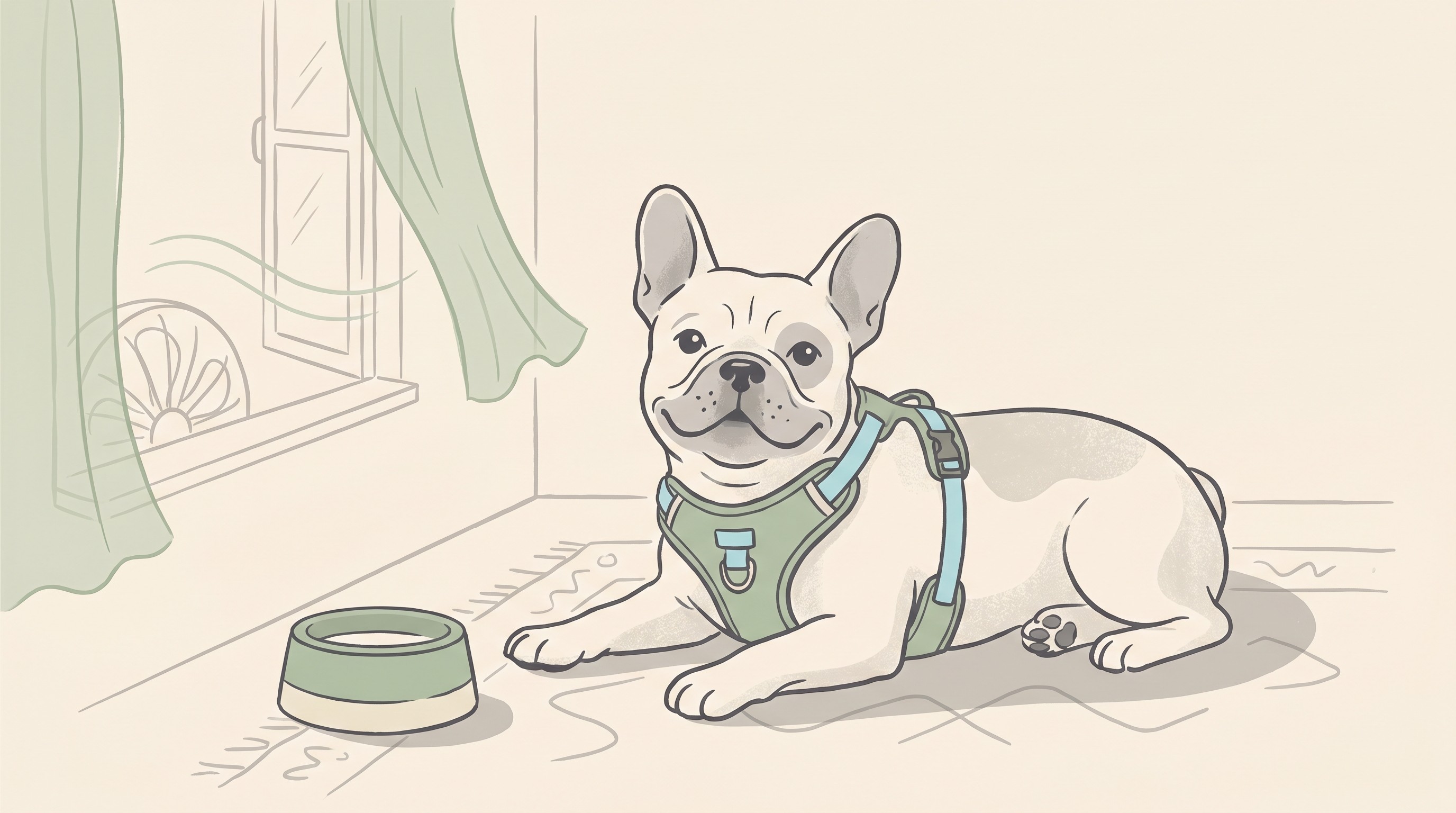 A flat-faced dog resting calmly in a cool, shaded spot wearing a soft harness, in a warm flat-vector style on a cream background