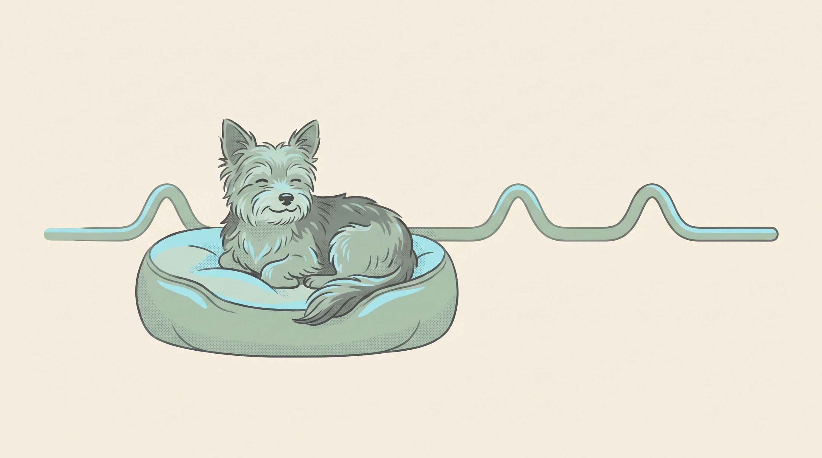A calm older small-breed dog resting comfortably at home beside a gentle long line that stays mostly flat with a few small bumps, warm flat-vector style on a cream background