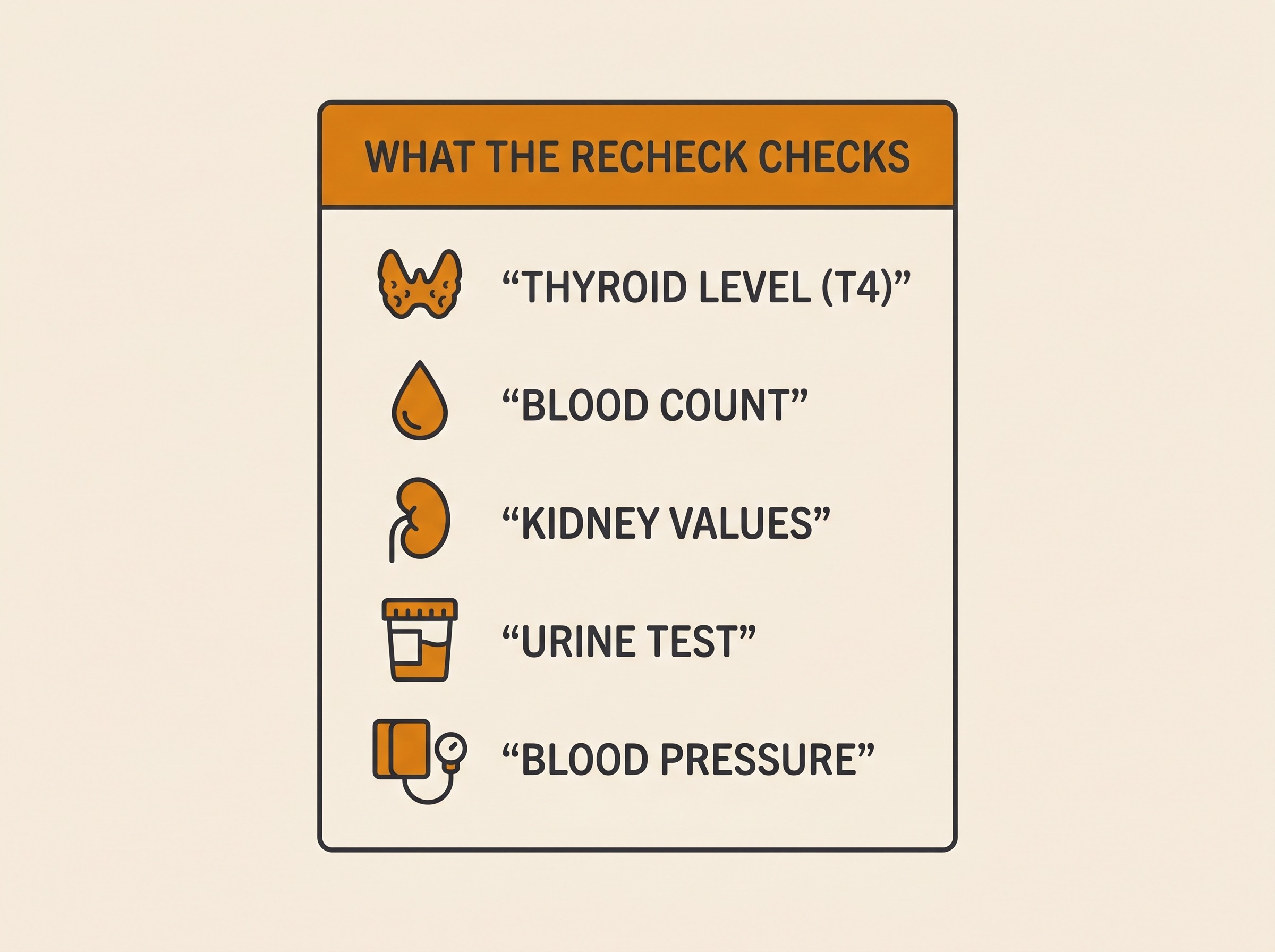 A flat icon card titled WHAT THE RECHECK CHECKS with rows for thyroid level, blood count, kidney values, urine test and blood pressure