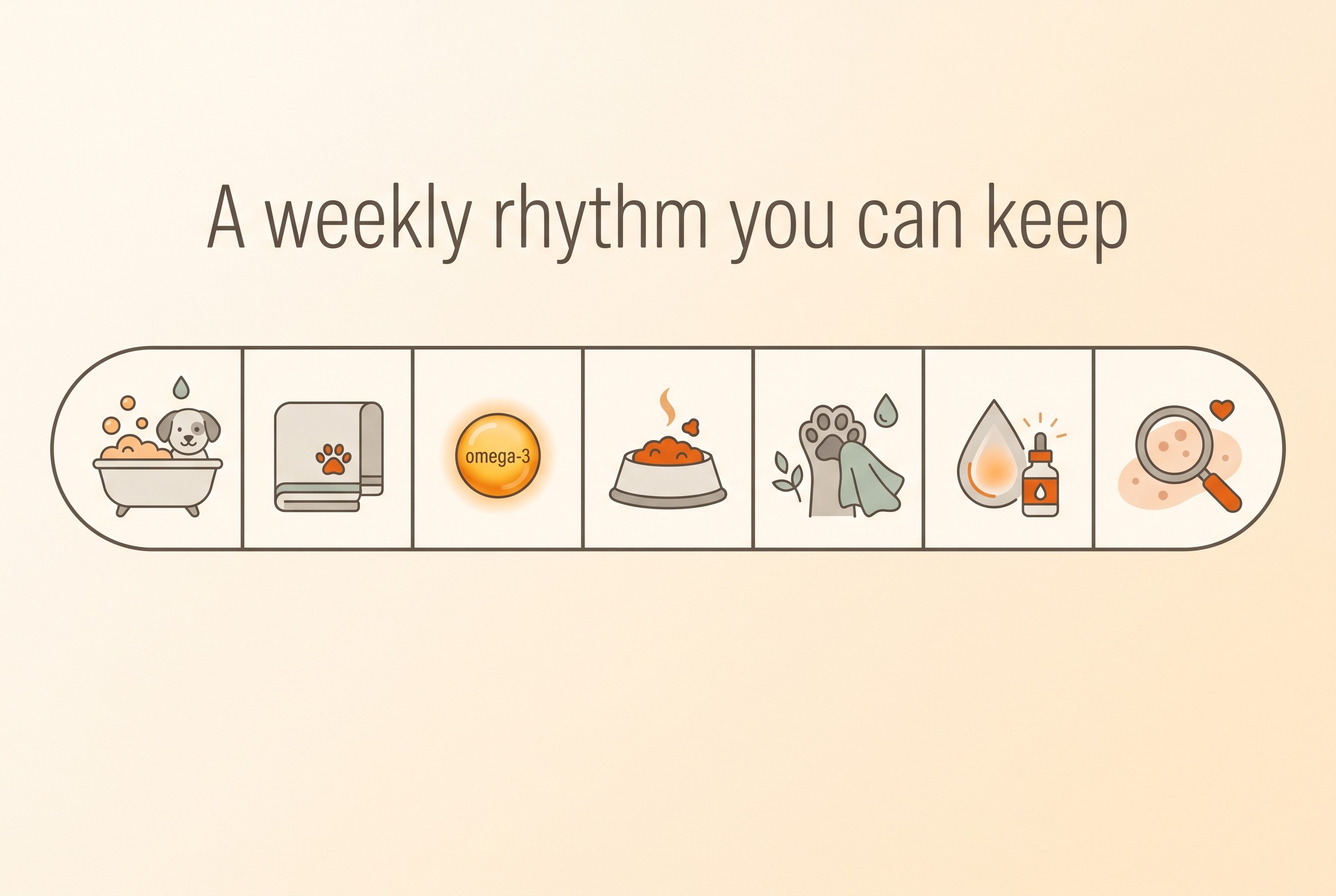 A simple weekly routine for an atopic pet: bath day, daily omega-3, paw-wipes after walks and a weekly skin check