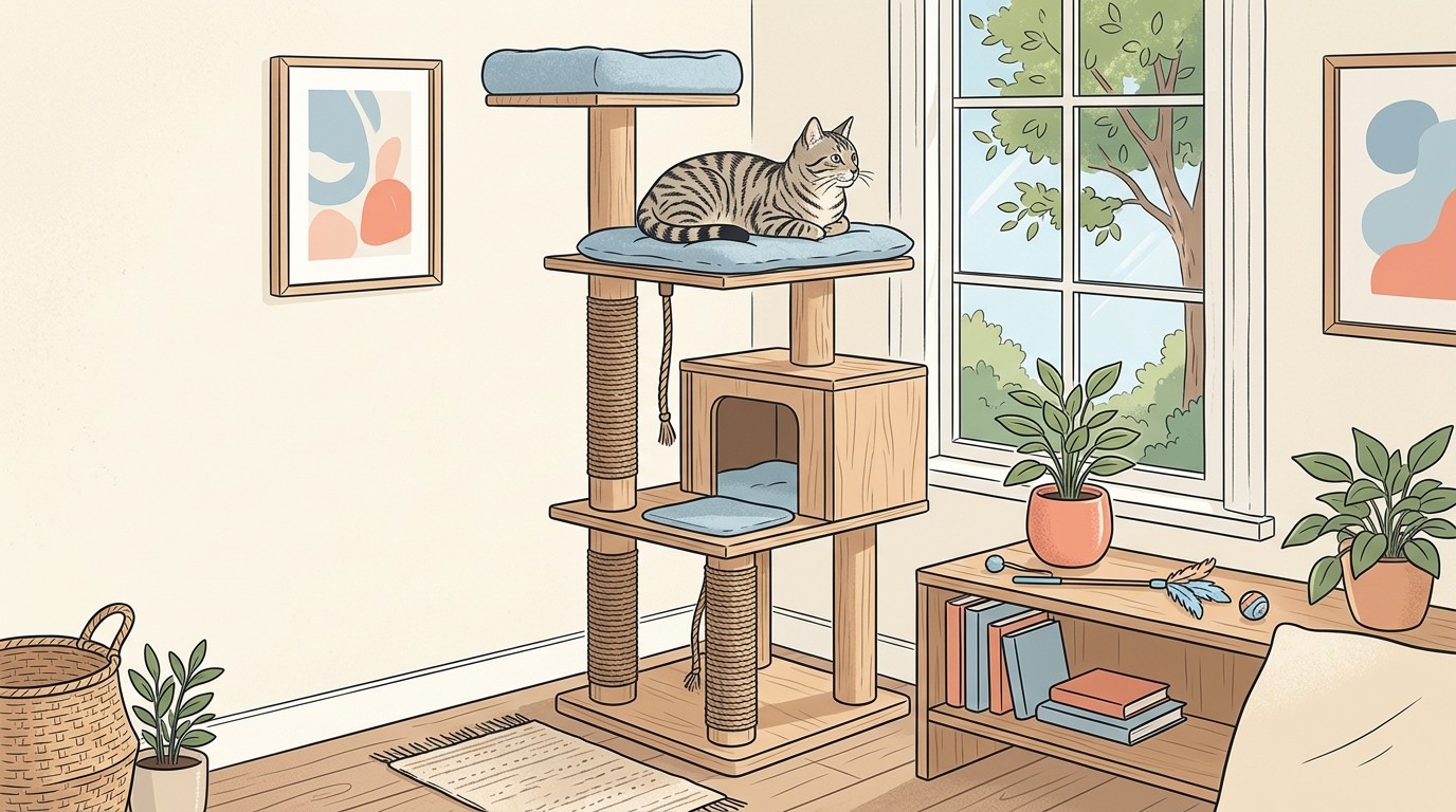A relaxed tabby cat perched on a tall cat tree beside a bright window, watching the garden with toys and a scratching post nearby