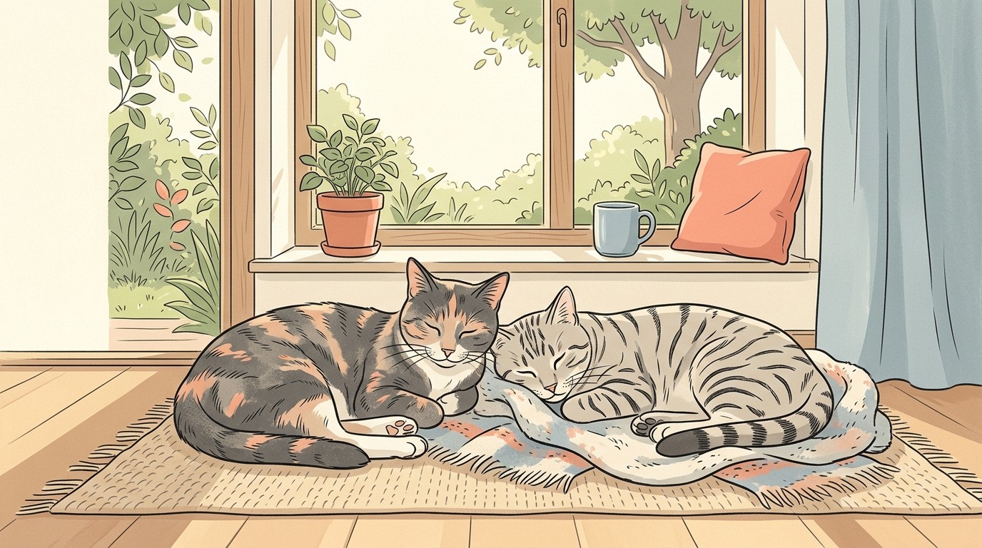 A content house cat sitting calmly beside a settled companion cat near a sunny window, both relaxed and unbothered