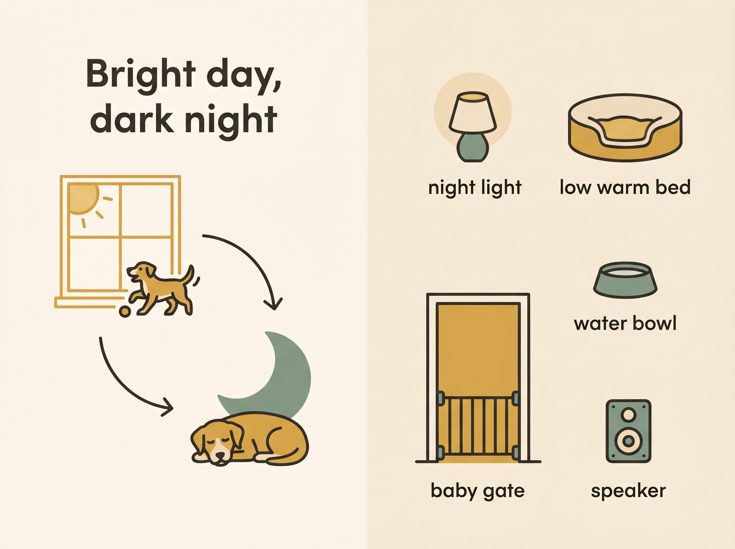 A two-part flat-vector diagram. Left, "Bright day, dark night": a sunny window with a busy dog, an arrow curving to a moon with a settled dog, resetting the body clock. Right, a cosy night setup labelled with a soft night light, a low warm bed away from the stairs, a water bowl, a baby gate across a doorway, and a small speaker. Oat-cream field, honey-gold daytime, calm sage-green night, warm-slate labels.