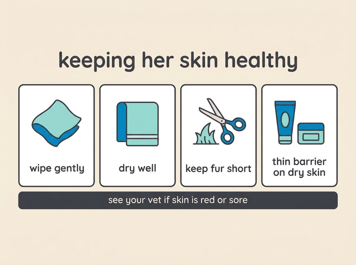 A clean four-step skin-care card titled “keeping her skin healthy”, showing wipe gently, dry well, keep fur short, thin barrier on dry skin, with a small note “see your vet if skin is red or sore”