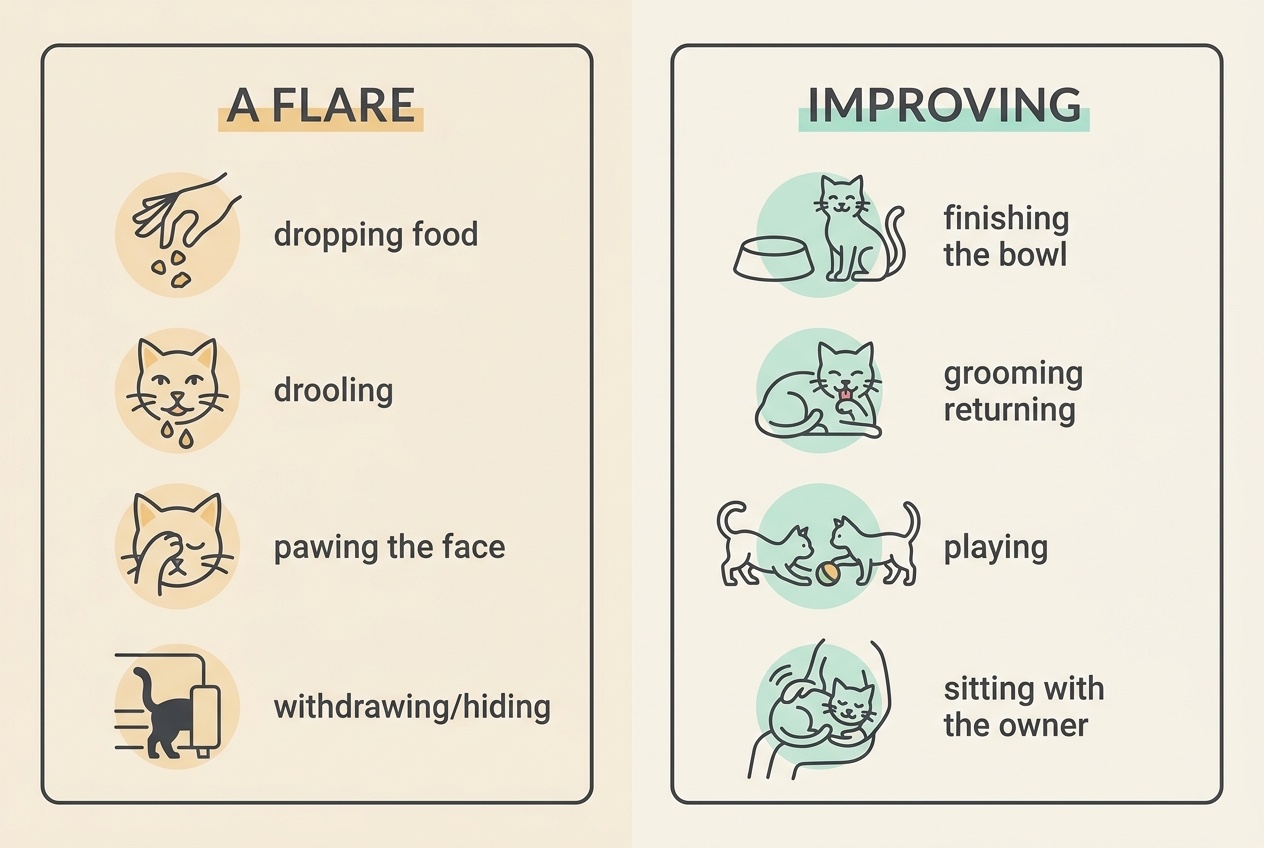 A two-column card contrasting "A FLARE" and "IMPROVING", with small icons for each sign