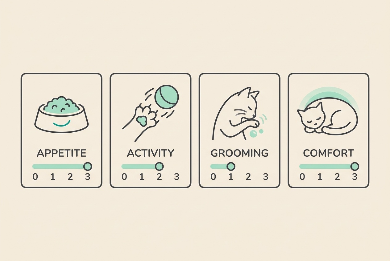 Four icons for the owner half of the SDAI, labelled "APPETITE", "ACTIVITY", "GROOMING", "COMFORT", each with a 0 to 3 scale