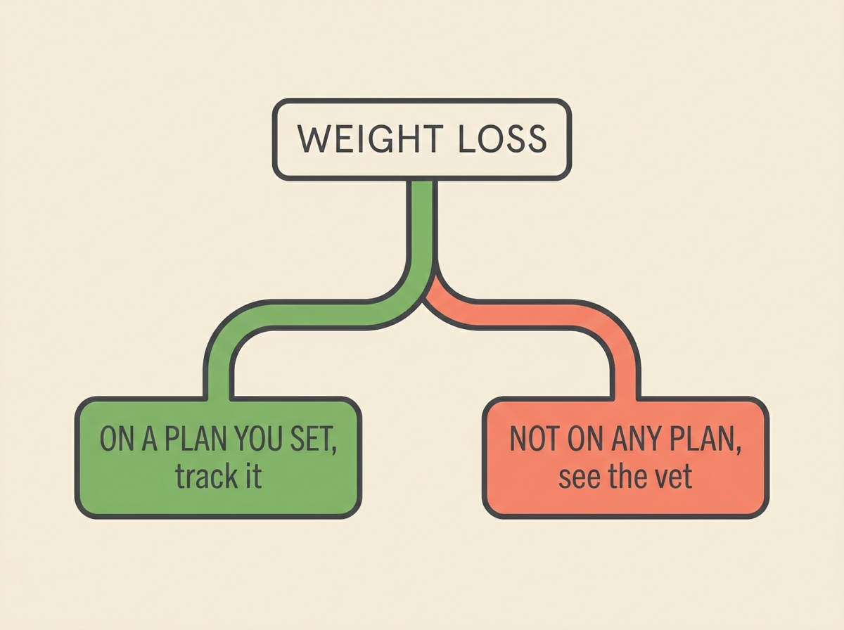 A simple fork diagram: "WEIGHT LOSS" splitting into "ON A PLAN YOU SET, track it" in leaf-green and "NOT ON ANY PLAN, see the vet" in coral.