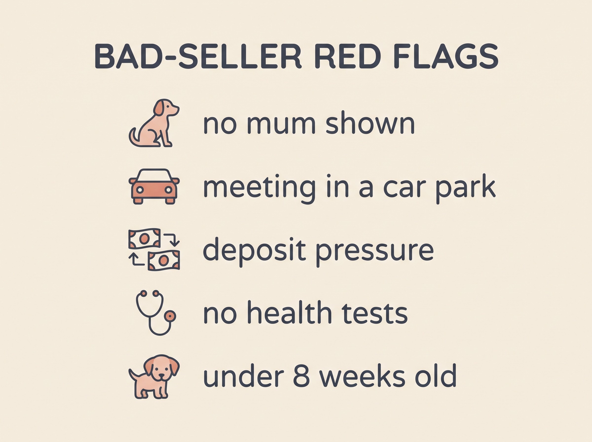 A soft-coral warning card listing bad-seller red flags with small icons: no mum shown, meeting in a car park, deposit pressure, no health tests, under eight weeks old