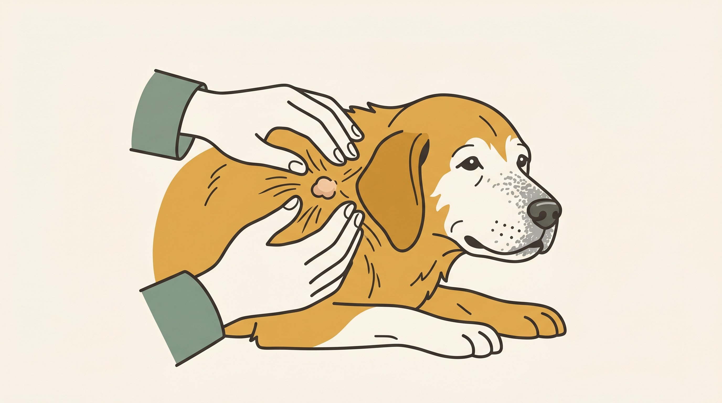 Two hands gently parting the fur of an older dog to look at a small lump on the skin, drawn as a warm flat-vector illustration on an oat-cream background.
