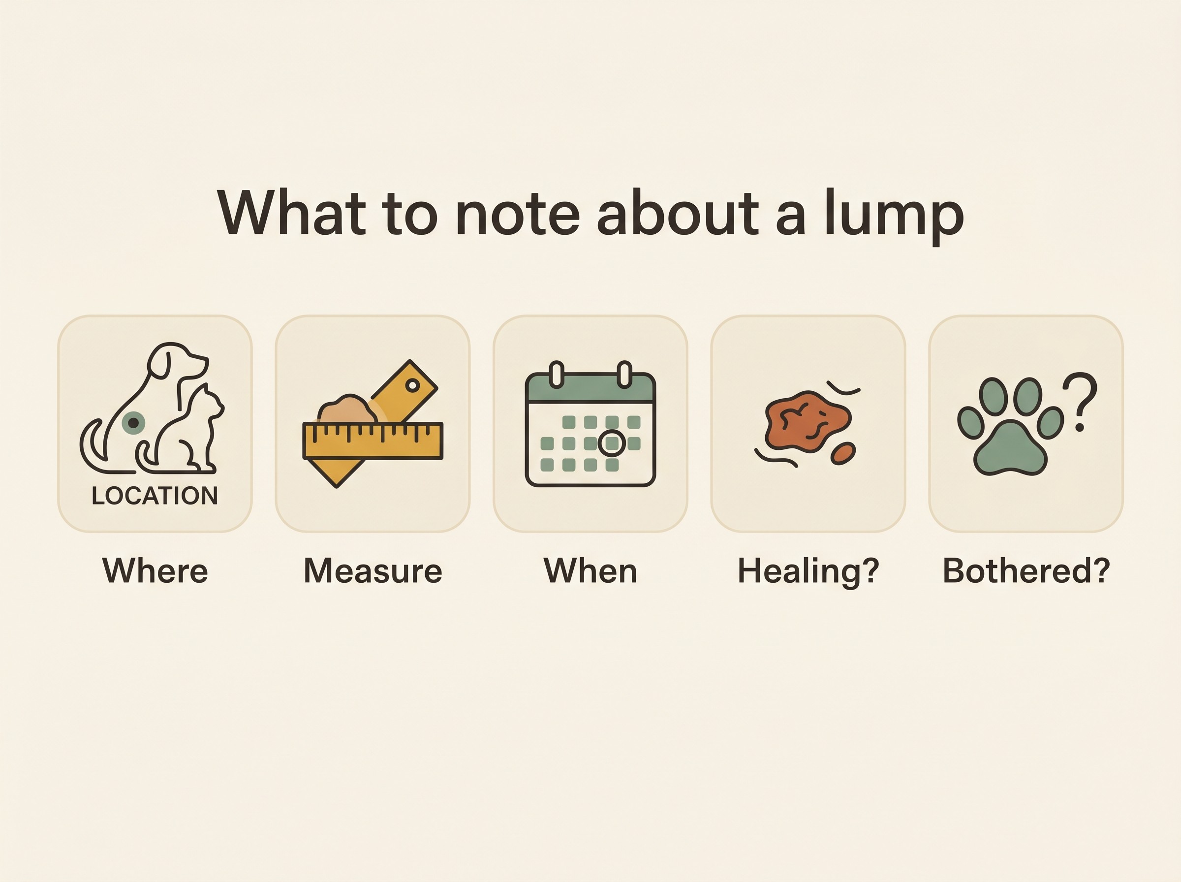 A calm panel titled "What to note about a lump (for your vet, not to diagnose it)" showing five icons on an oat-cream field: a body outline marking location, a small ruler measuring a lump, a calendar with a date circled, a sore that has not healed, and a paw with a question mark for whether it bothers the pet.