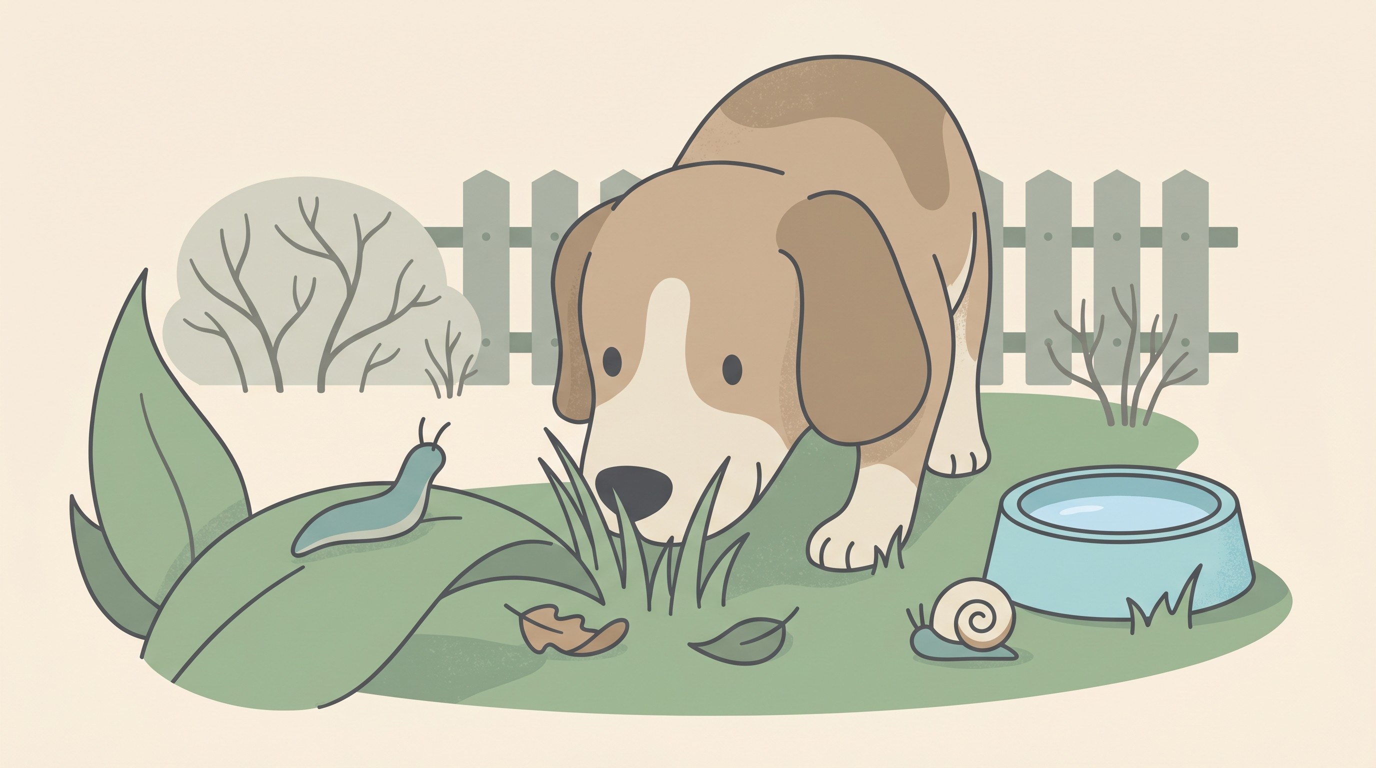 A flat-vector garden scene on a cream background showing a slug on a fallen leaf beside a dog's water bowl, with a dog nosing through the grass nearby, in a warm muted style