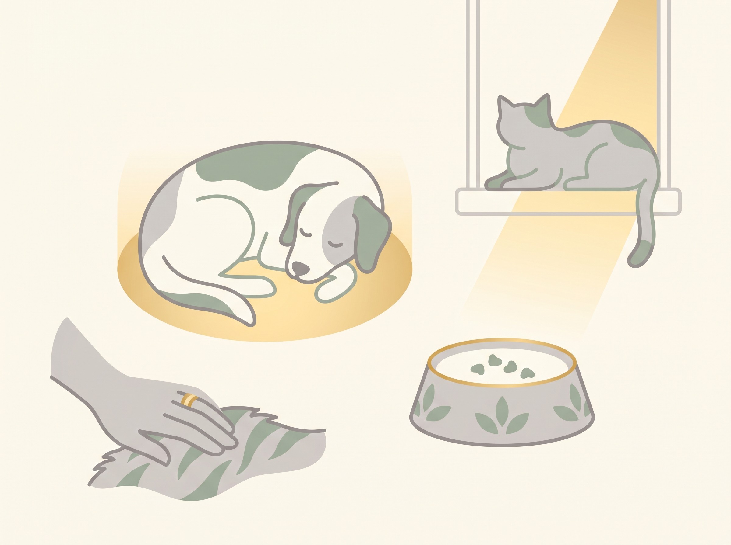 A warm, text-light illustration on a cream background of small end-of-life joys suited to a frail pet: a dog dozing in a patch of sun, a cat curled on a warm windowsill, a special bowl, and a hand resting gently on fur, drawn as soft flat icons