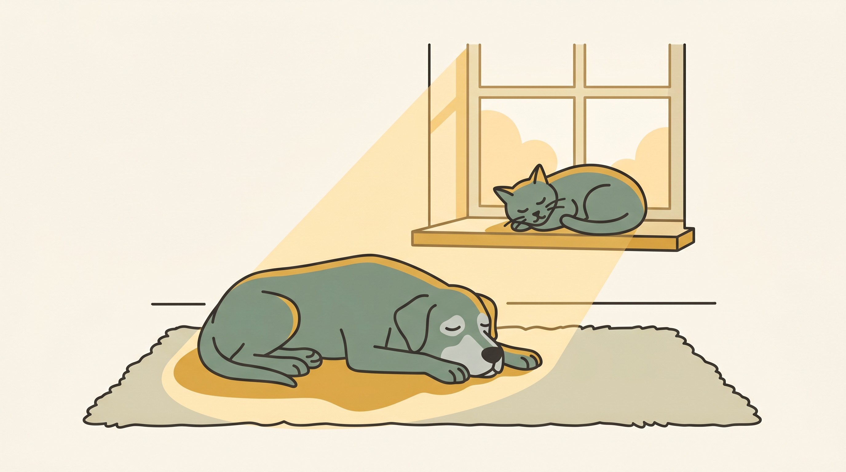 An older grey-muzzled dog dozing in a patch of afternoon sun on a soft rug, and an old cat curled on a warm windowsill nearby, honey-gold and sage tones, calm and unhurried.