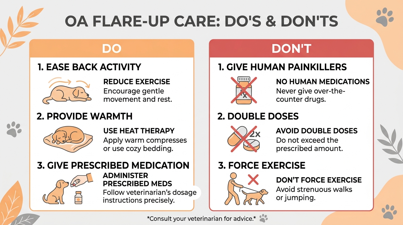 Flare first aid: do rest, warmth and prescribed medication; never human painkillers or forced exercise